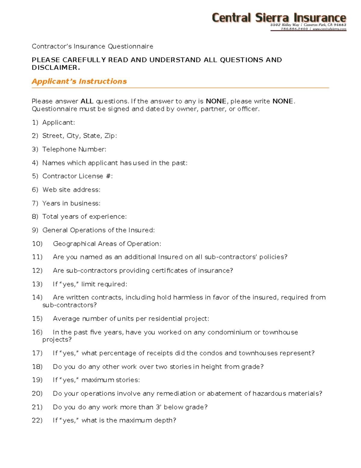 Insurance Questionnaire-02 - Contractor’s Insurance Questionnaire ...