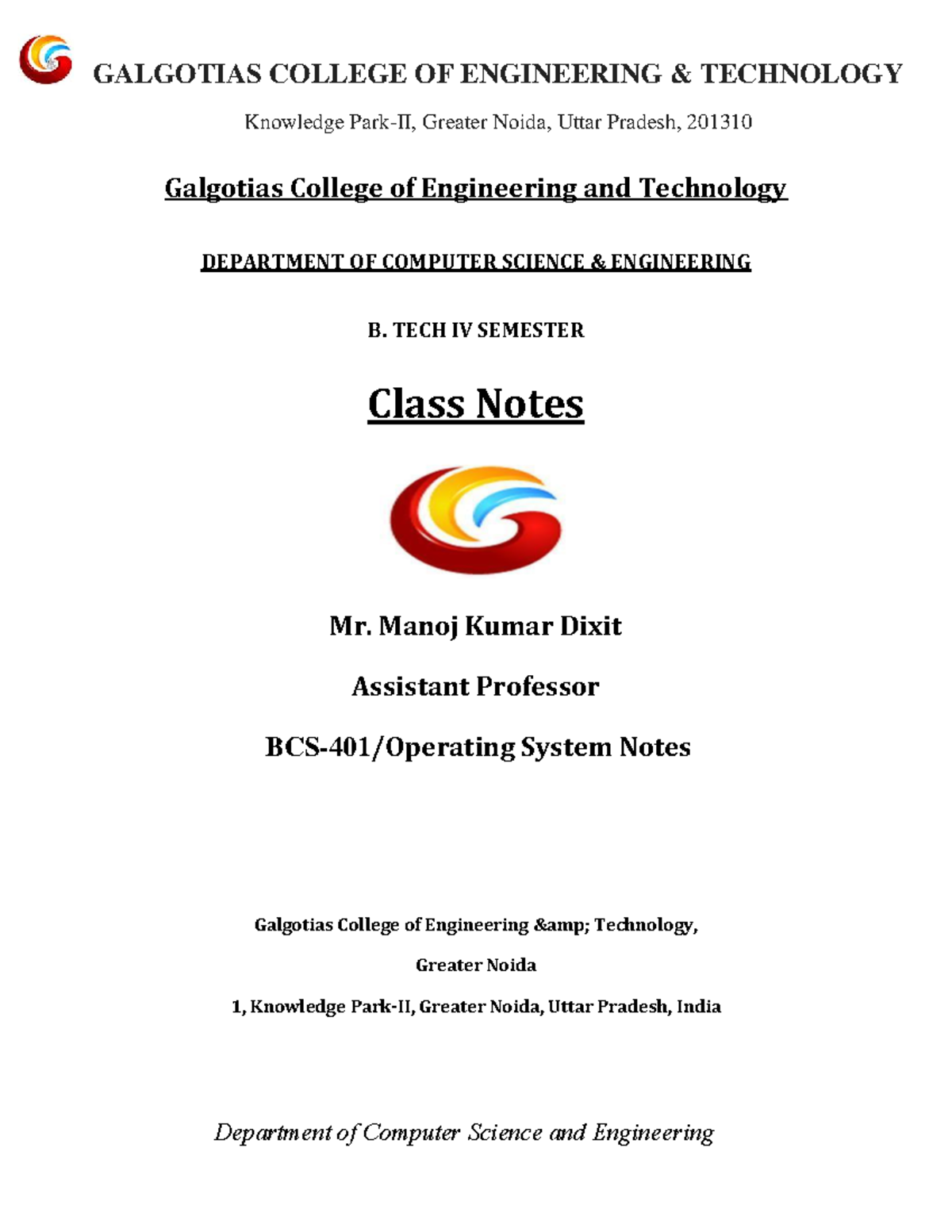 B. TECH IV SEMESTER CSE OS UNIT 1 Class Notes by Mr. Dixit - Studocu