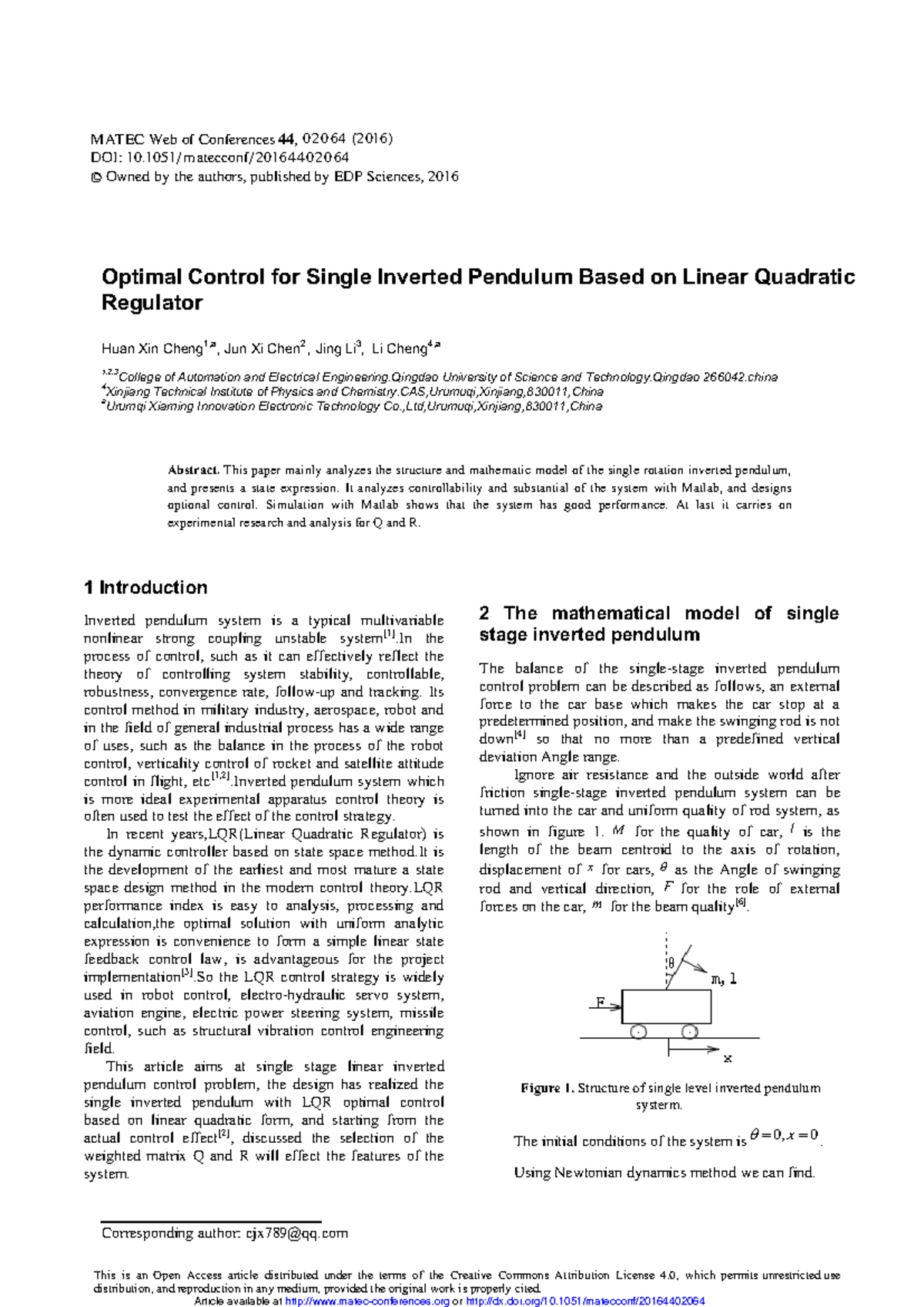 LQR Optimal Control for Single Inverted Pendulum System Analysis - Studocu