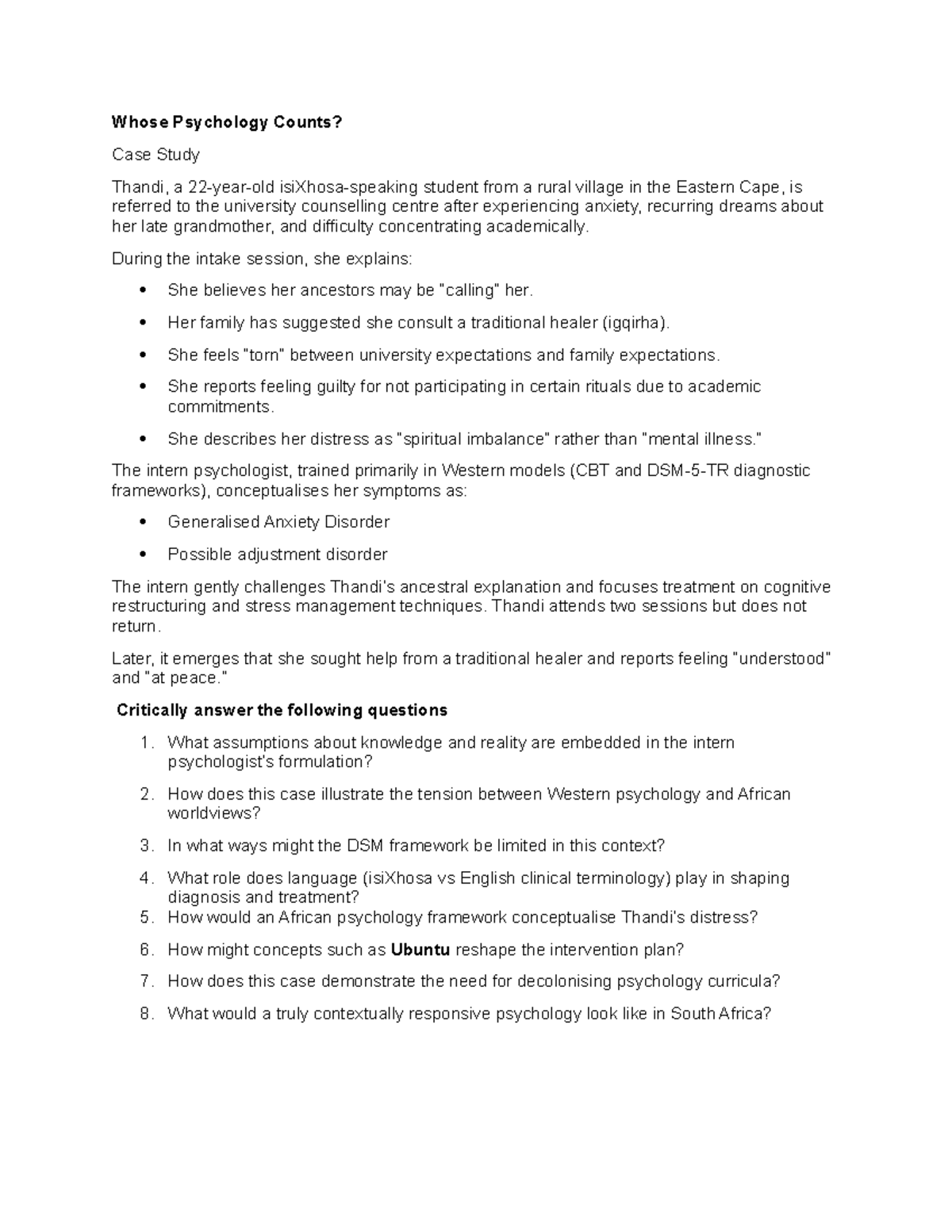 Psychopathology Case Study: Thandi's Cultural Context and Challenges ...