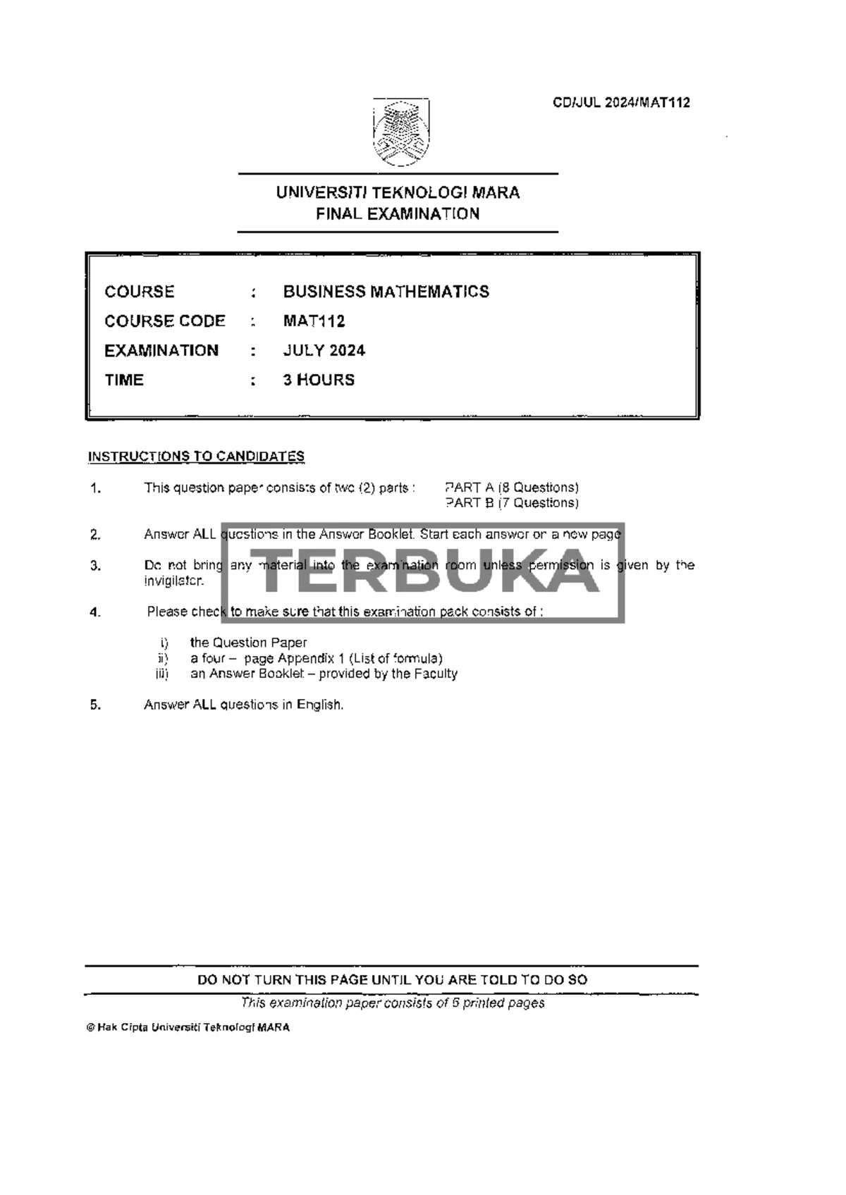 MAT112 - Final Exam Past Paper for Business Mathematics (July 2022 ...