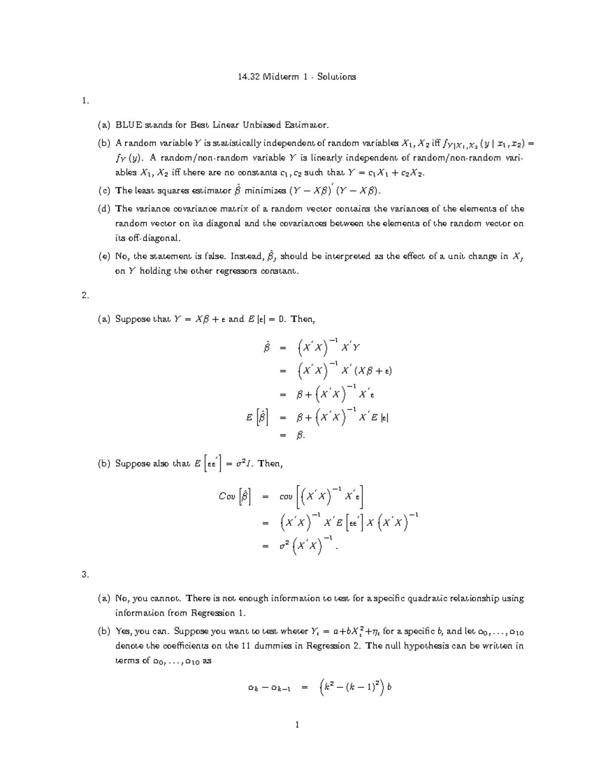 14.32 Midterm 1 Solutions: Econometric Analysis and Estimations - Studocu