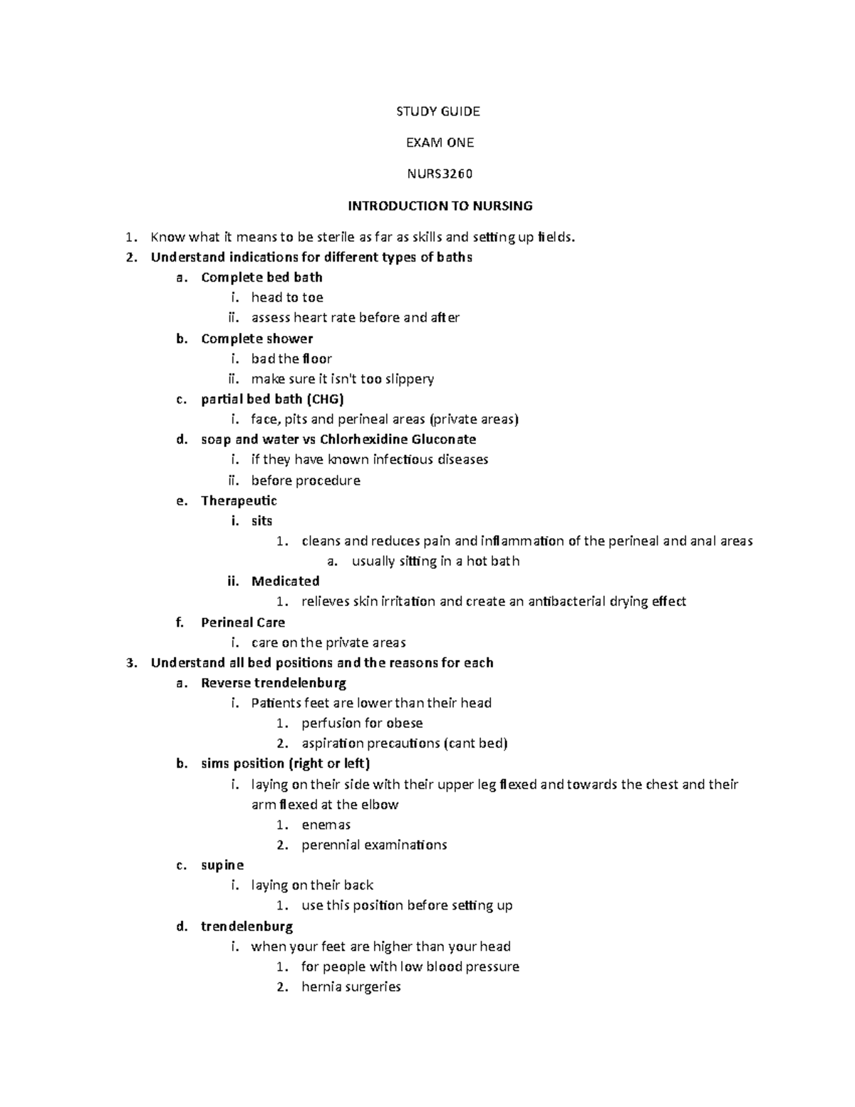NURS 101: Study Guide for Introduction to Nursing Exam 1 - Studocu