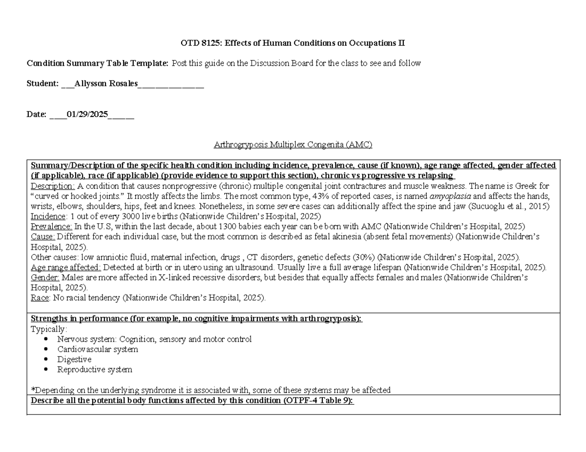 OTD 8125: Condition Summary and Impact of Arthrogryposis Multiplex ...
