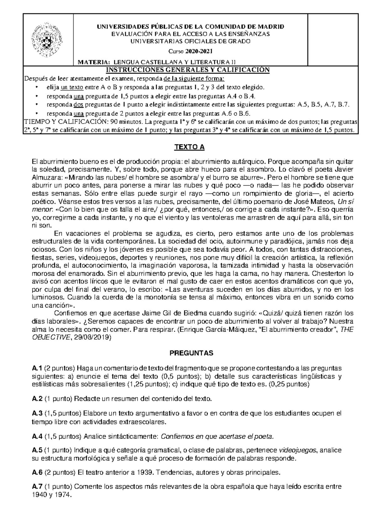 Lengua Castellana y Literatura II - Examen de Acceso a Universidades ...
