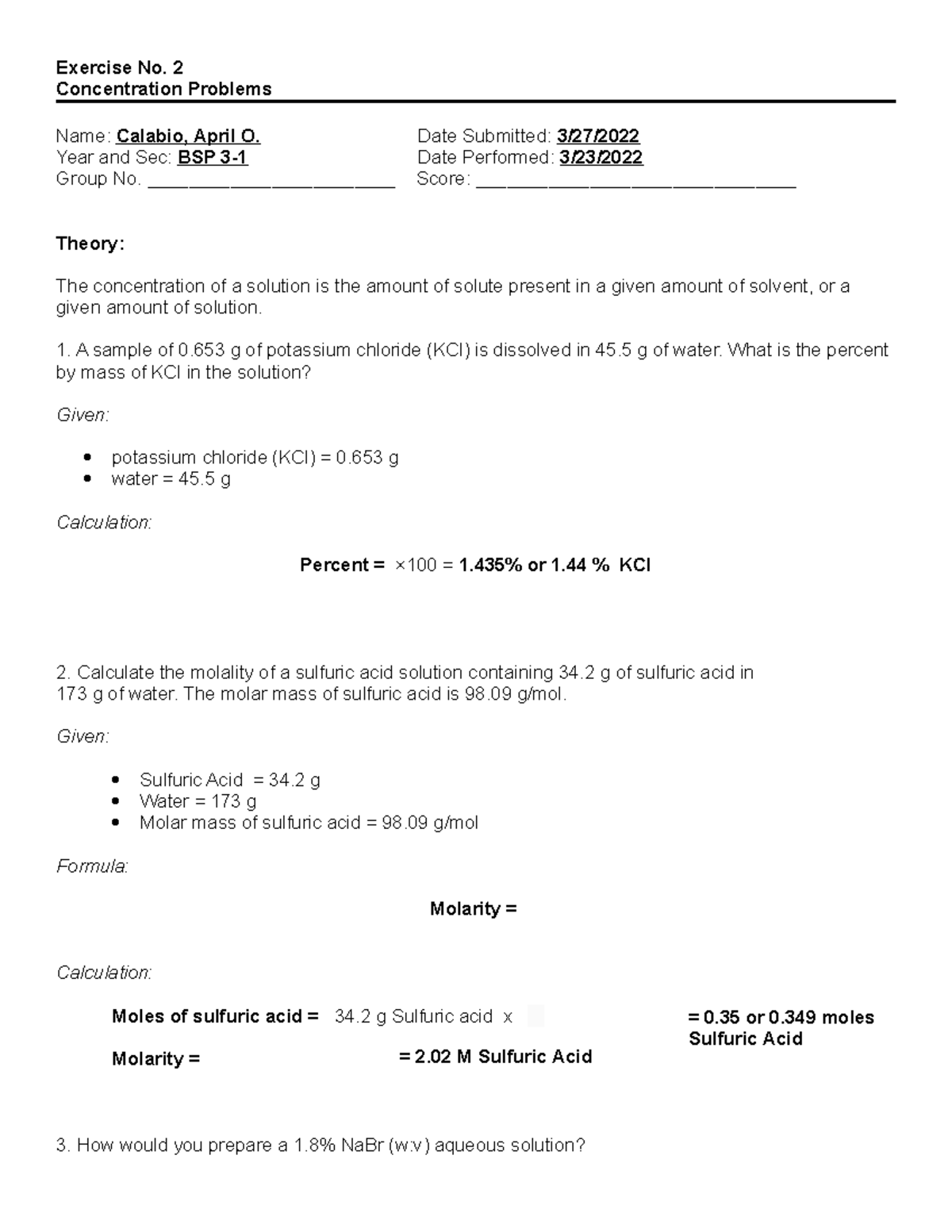 BSP 3-1 Exercise No. 2: Concentration Problems Solutions - Studocu
