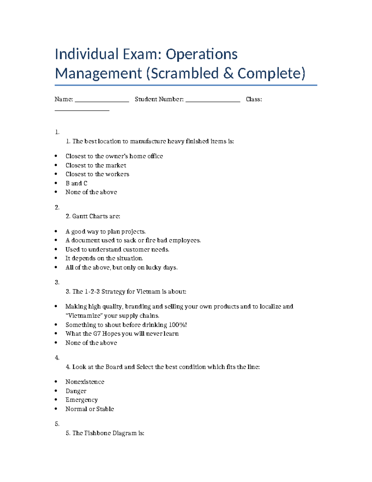 Operations Management Exam: Full Scrambled Questions (OM 101) - Studocu