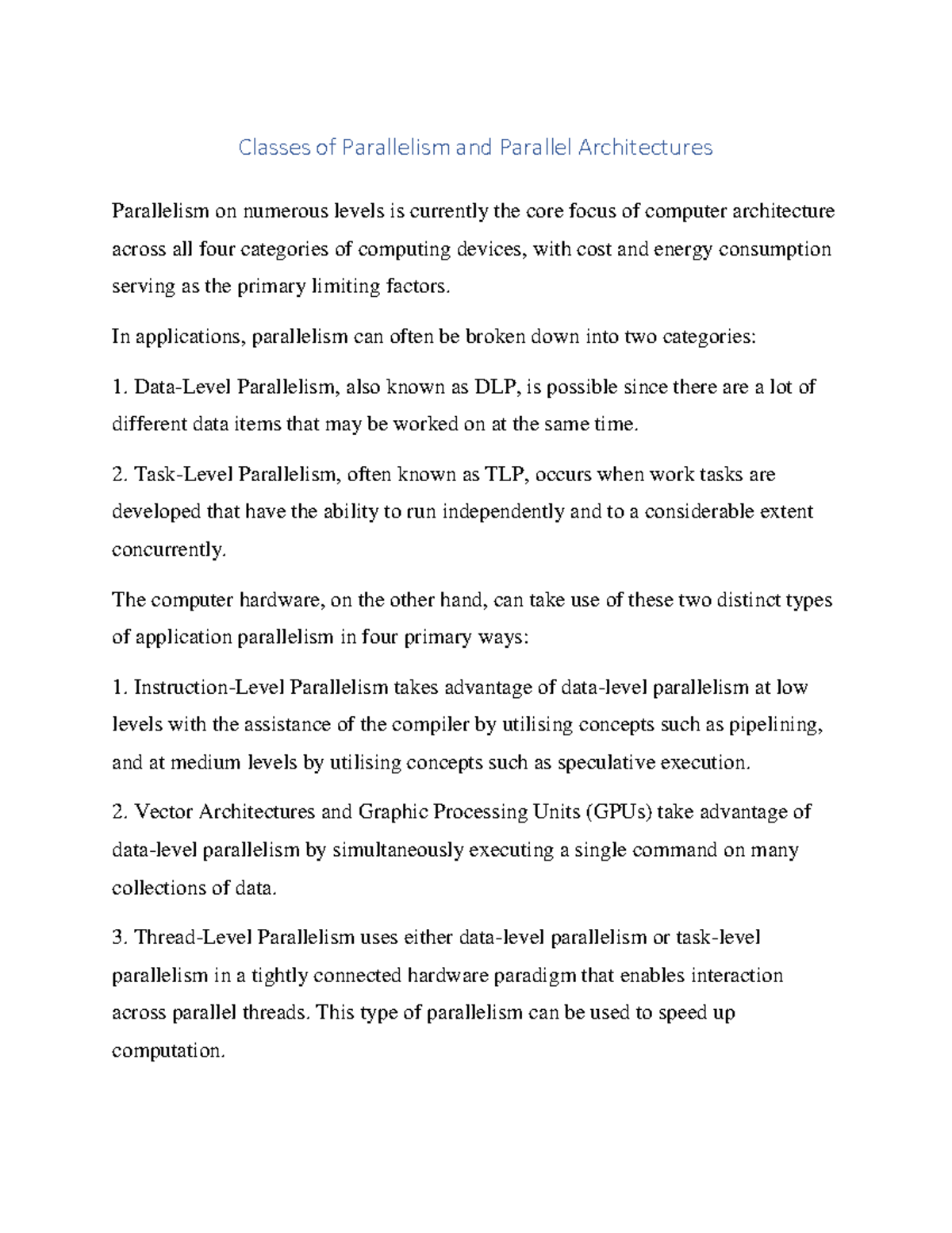 Classes of Parallelism and Architectures: A Study on DLP & TLP - Studocu