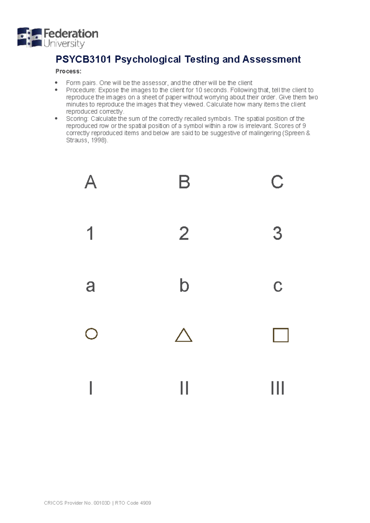 PSYCB3101 Handout: Rey 15-Item Test Procedure and Scoring - Studocu