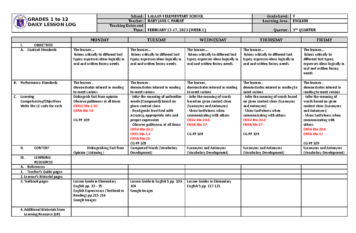 English Q3 W1 - DLL - GRADES 1 to 12 DAILY LESSON LOG School: LALAAN I ...