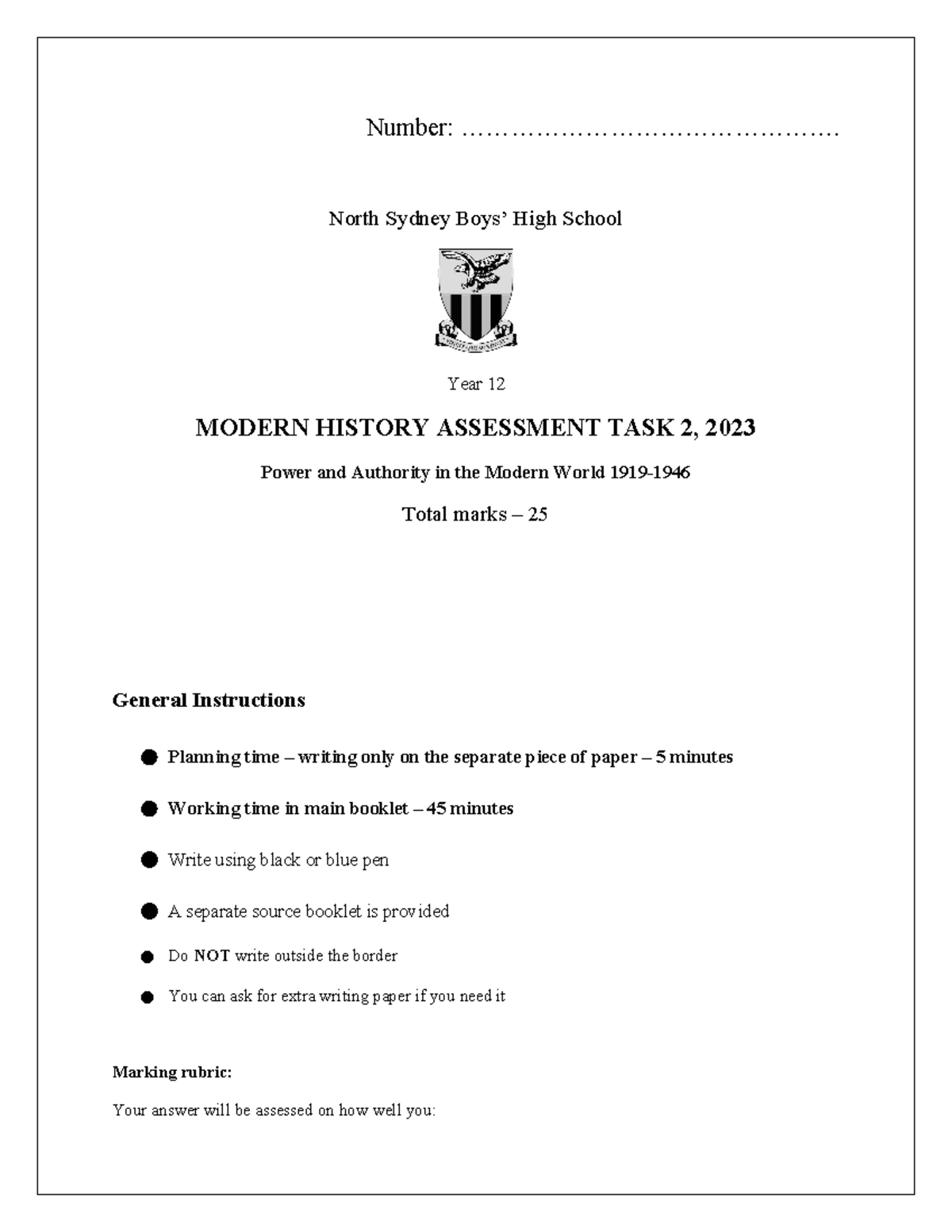 Year 12 Modern History Assessment Task 2: Power & Authority Exam ...