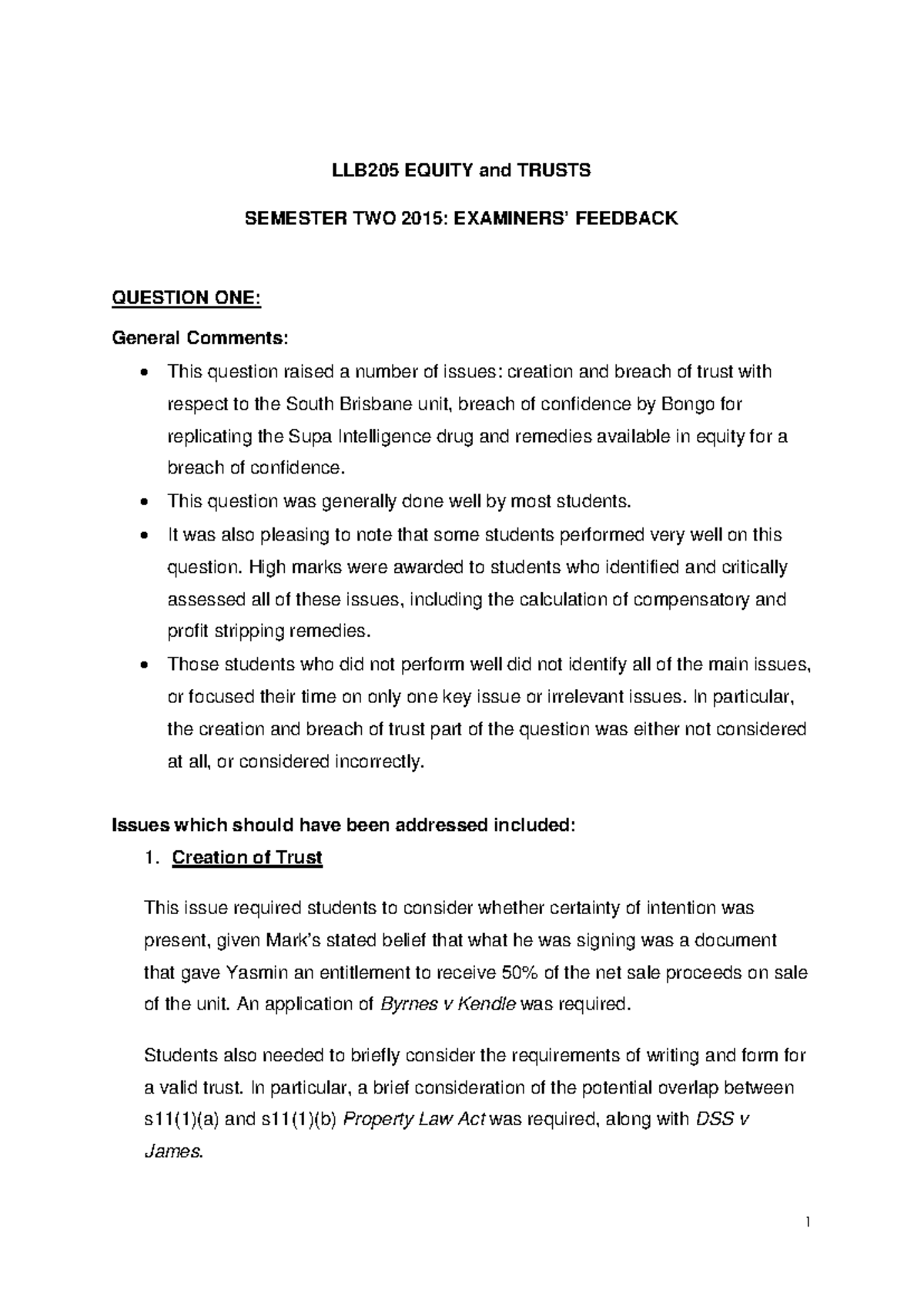 LLB205 Final Exam 2015: Equity and Trusts Q&A Insights - Studocu