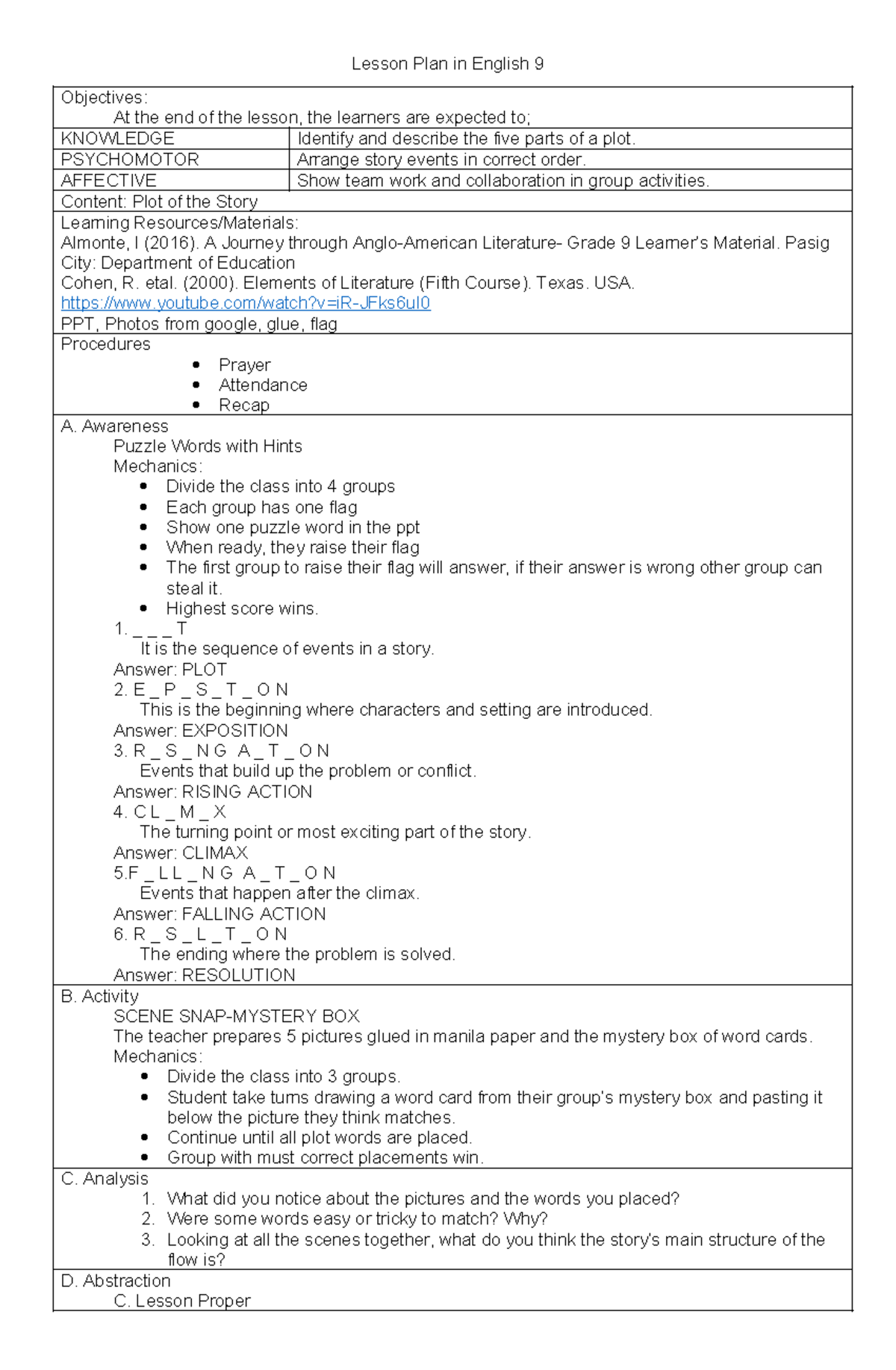 Lesson Plan in English 9: Understanding Plot Structure and Elements ...