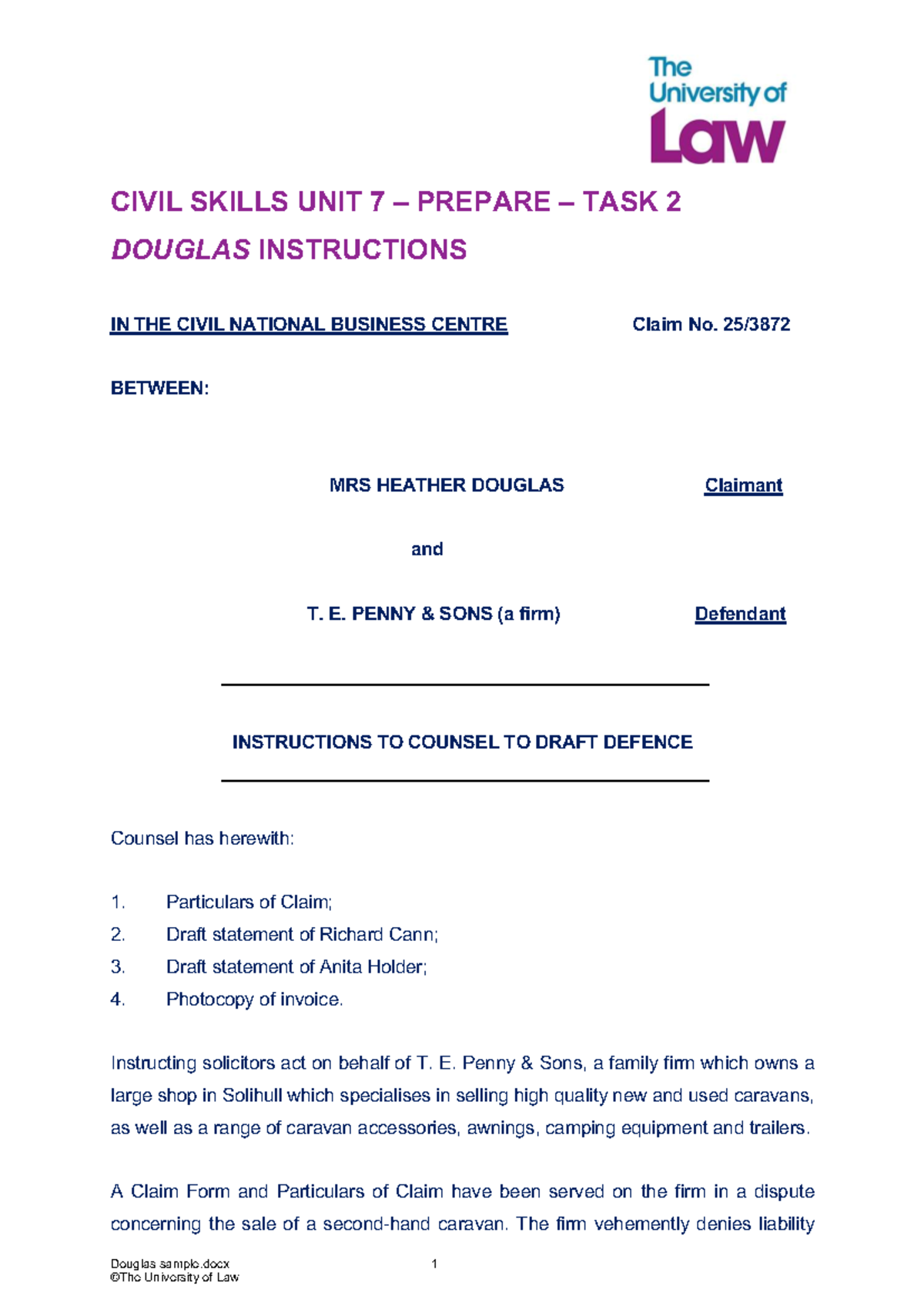 CIVIL LAW UNIT 7 DEFENCE DRAFT INSTRUCTIONS FOR DOUGLAS CASE - Studocu