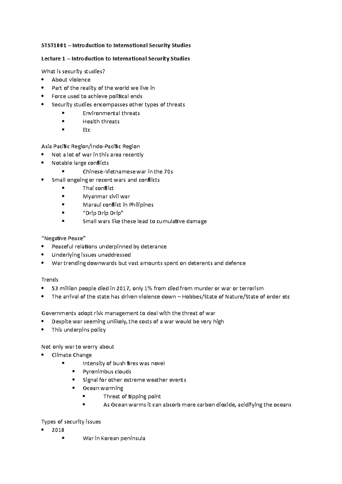 STST1001 Lecture 1 Notes - STST1001 – Introduction to International ...