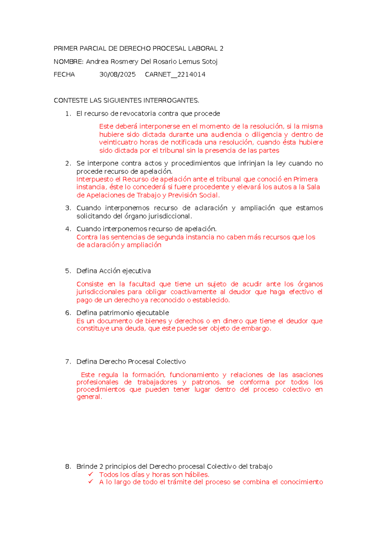 PRIMER PARCIAL DE DERECHO PROCESAL LABORAL 2 - Andrea Rosmery - Studocu