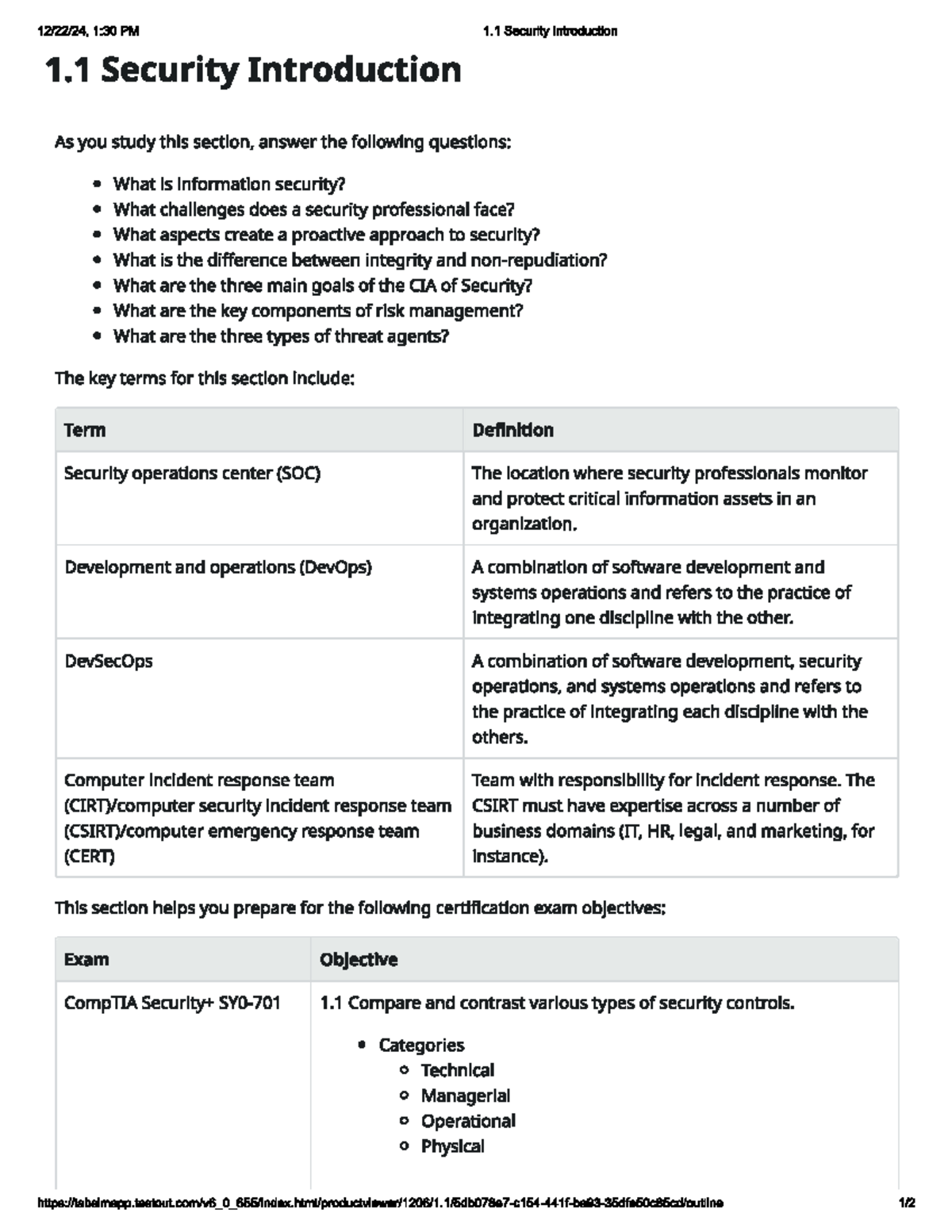 CompTIA Security Chapter 1.1: Introduction to Security Concepts - Studocu