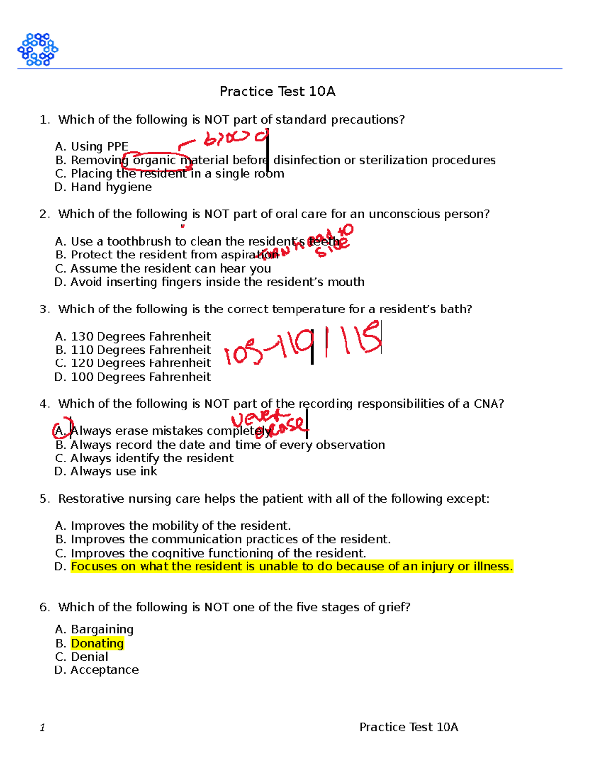 Practice Test 10A Printable 09272016 - Practice Test 10A Which of the following is NOT part of - Studocu for Free Printable Cna Practice Test