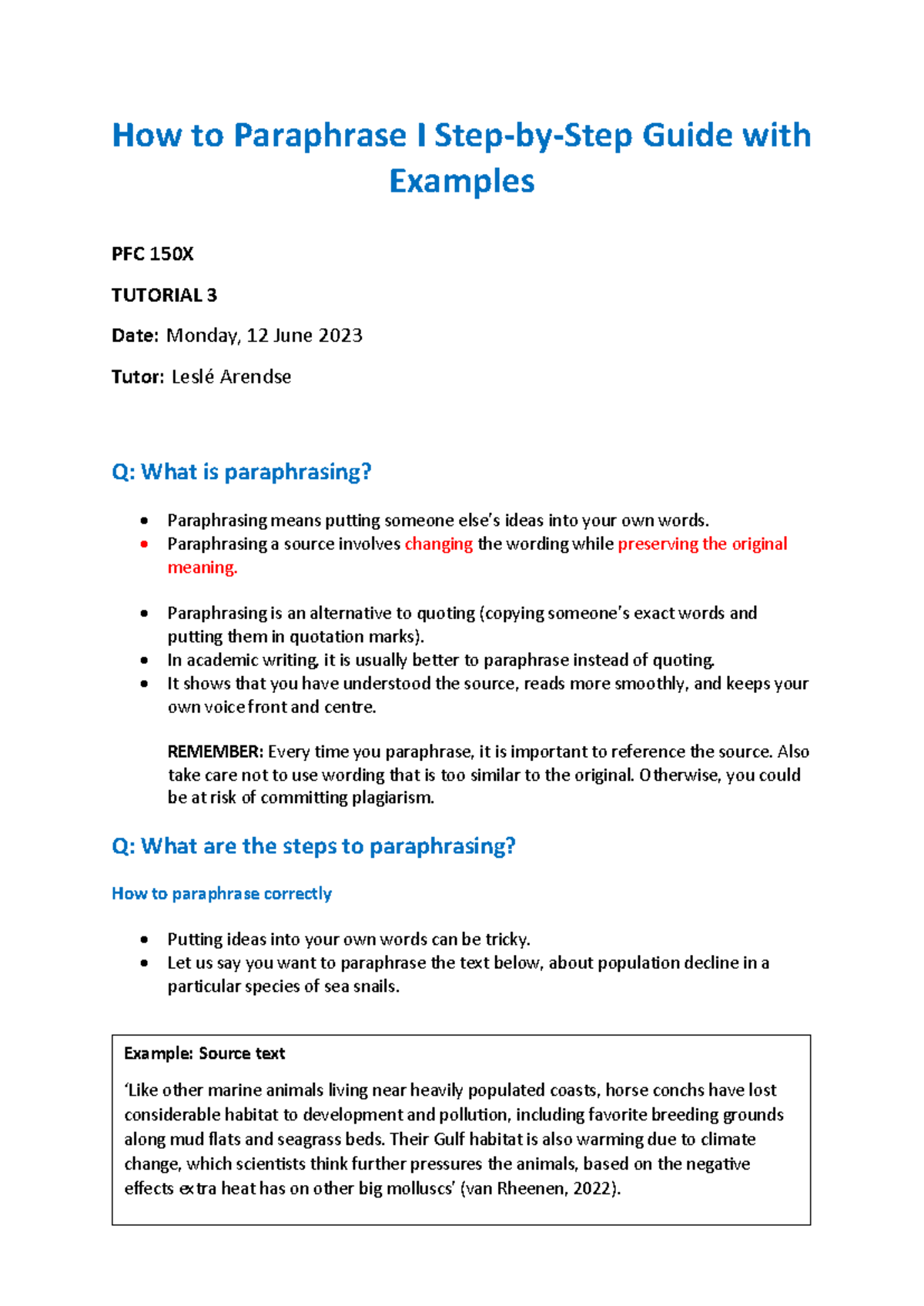 PFC 150X: How to Paraphrase - A Step-by-Step Guide with Examples - Studocu