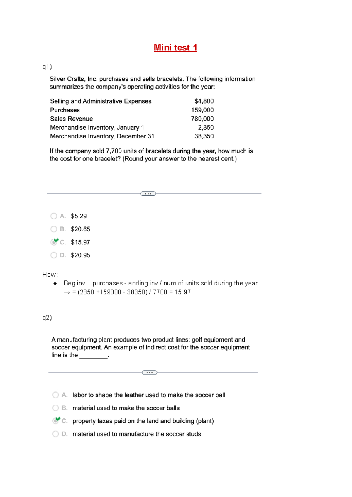 Mini Test Review: Cost Analysis and Decision-Making Insights - Studocu