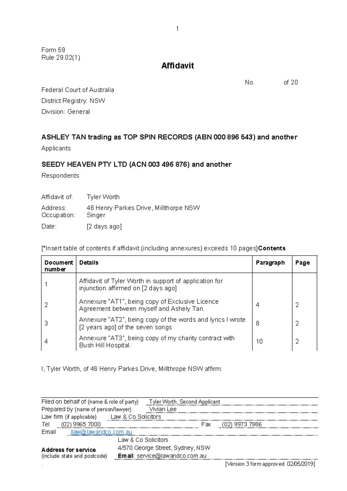 Affidavit - FCA Form 059 2019 - Tyler Worth vs Seedy Heaven Pty Ltd ...