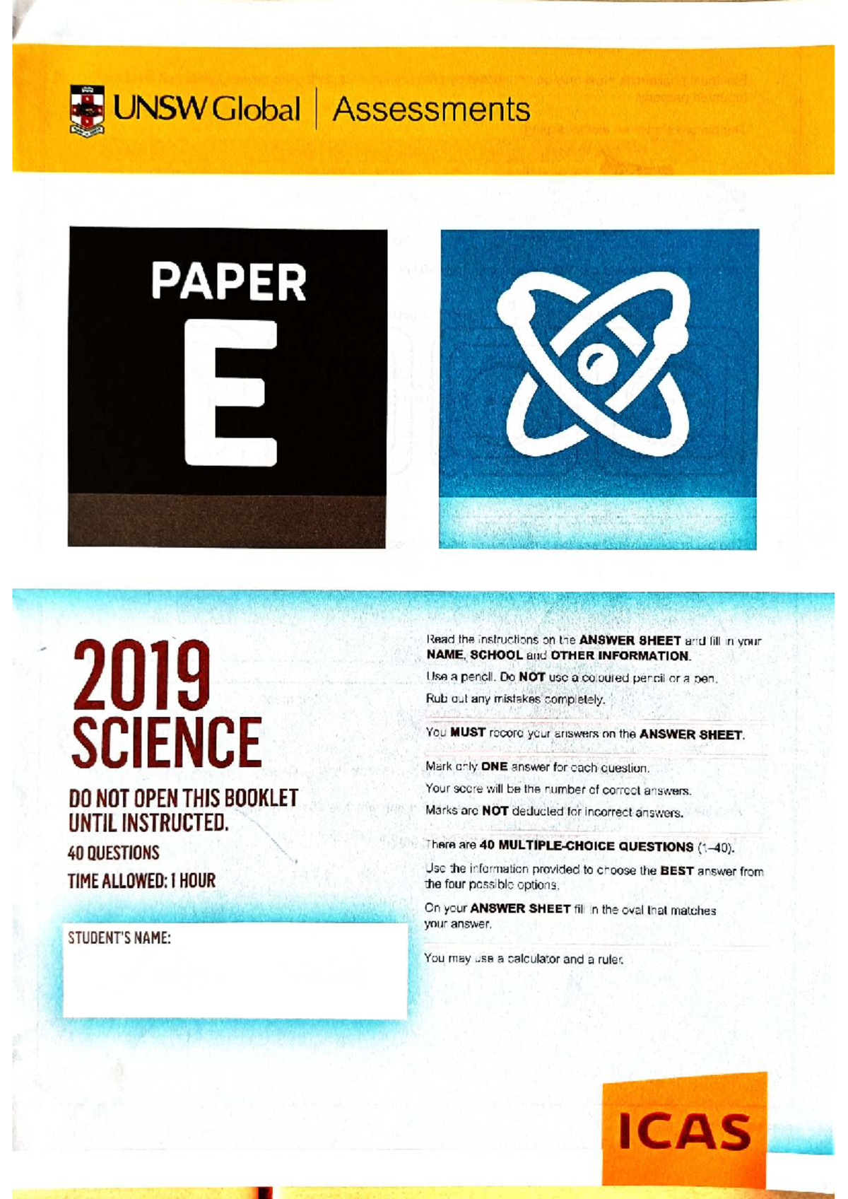 ICAS Science Paper E 2019: 40 Questions Exam Guide - Studocu