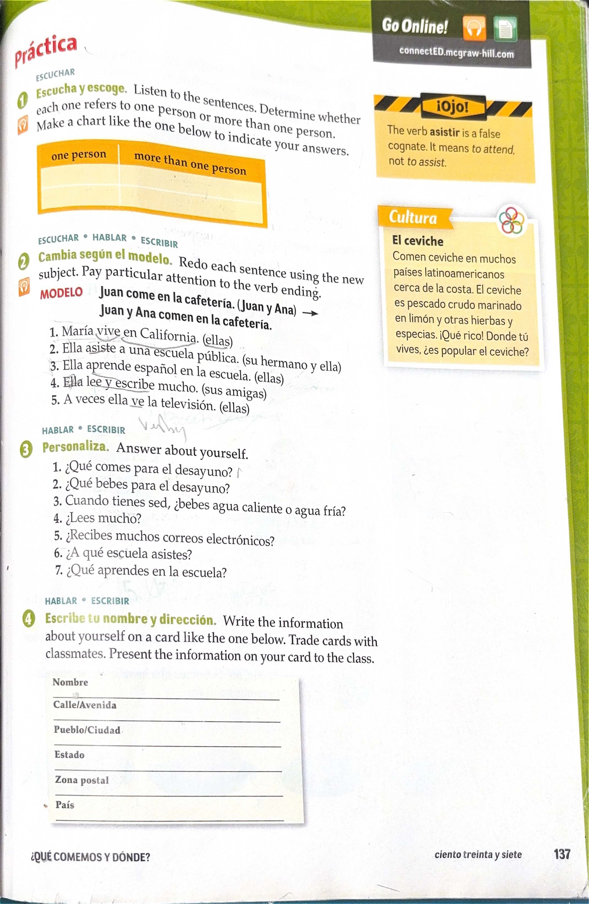 Spanish 1 Workbook Assignment: Que Comemos y Donde? - Studocu