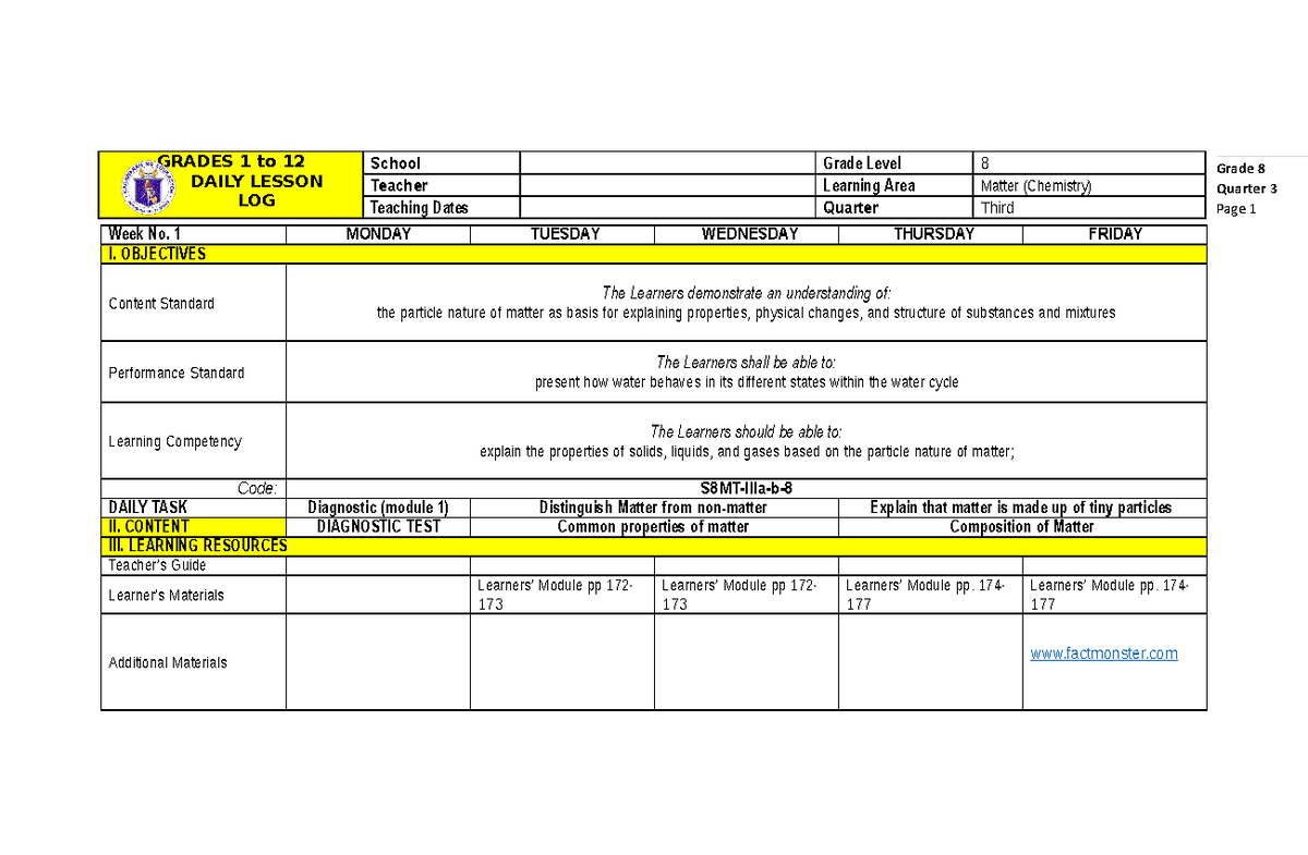 Grade 8, Quarter 3 - G7 DLL Mapeh ARTS Q3 - Daily Lesson Log Week 1 ...