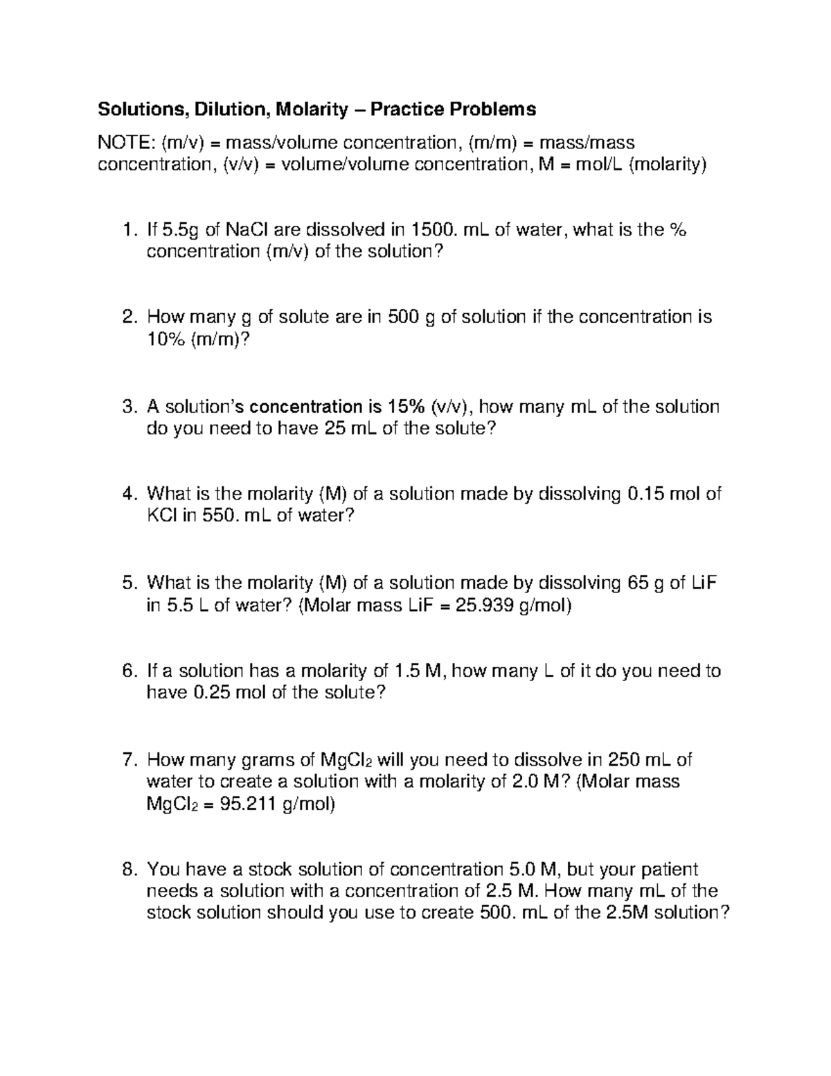 Solutions, Dilution, and Molarity Practice Problems (Chem 101) - Studocu