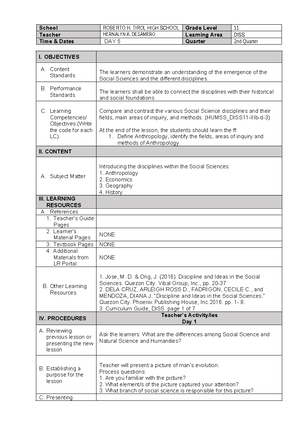 G12-DAY2: Weekly Lesson Plan on Social Sciences and Humanities - Studocu