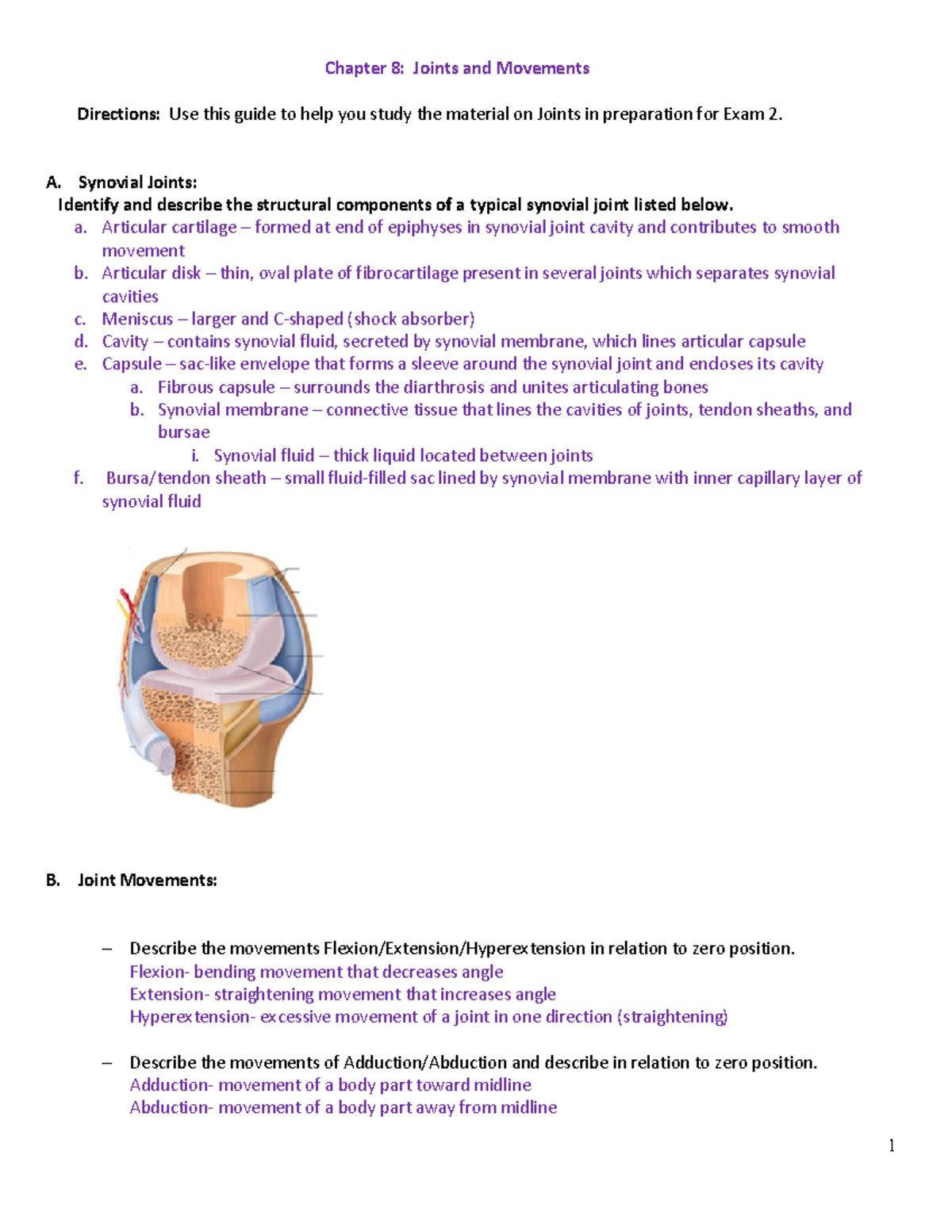 Chapter 8: Joints and Movements Study Guide for Exam 2 - Studocu