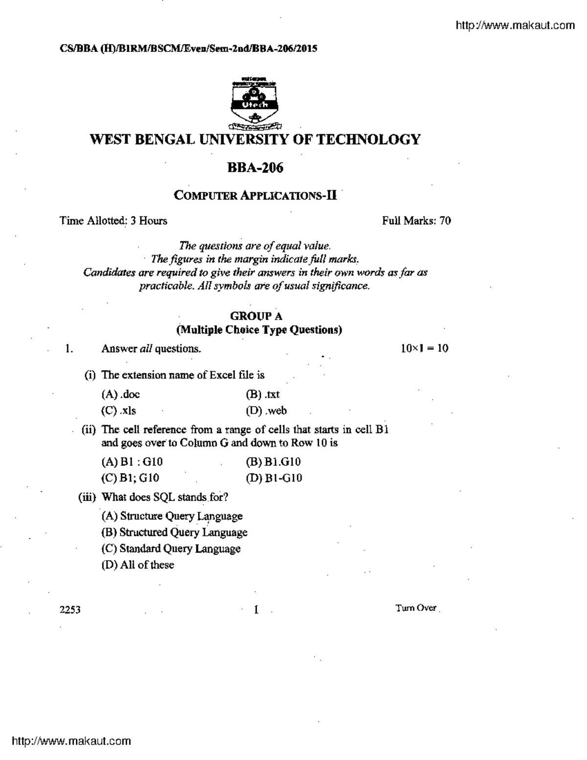 Bba(h) 2 sem computer application 2 bba 206 2015 - WEST BENGAL ...