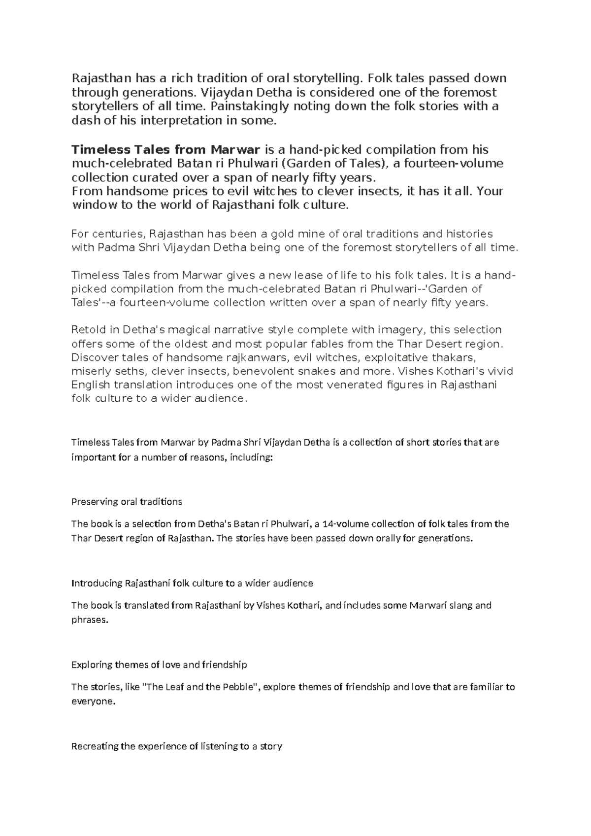 Timeless Tales from Marwar: A Study of Rajasthani Folktales - Studocu