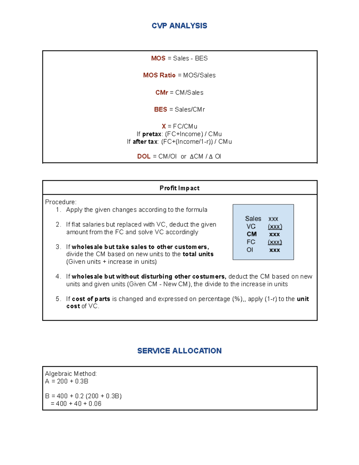 SCM - CVP Analysis & Service Allocation Summary for Strategic Cost ...