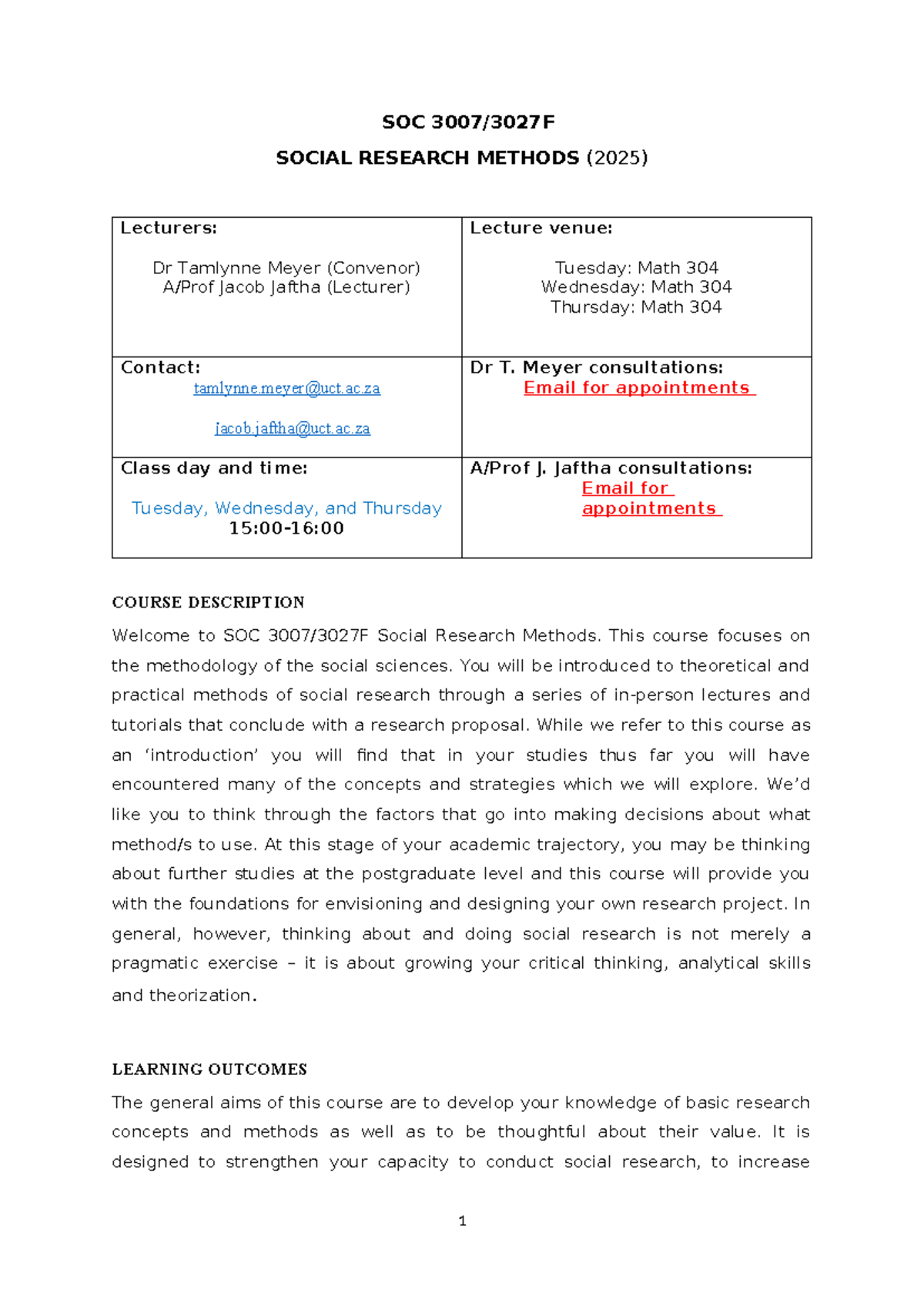 SOC3007 3027F Social Research Methods Course Outline (2025) - Studocu