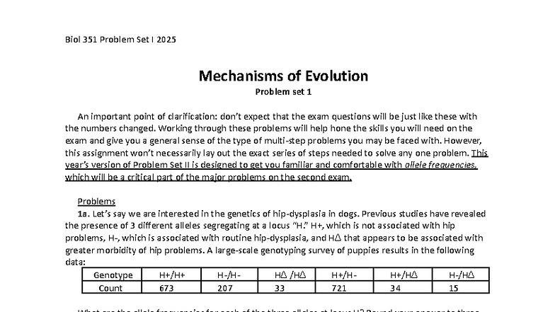Biol 351 Problem Set I 2025: Mechanisms of Evolution Analysis - Studocu