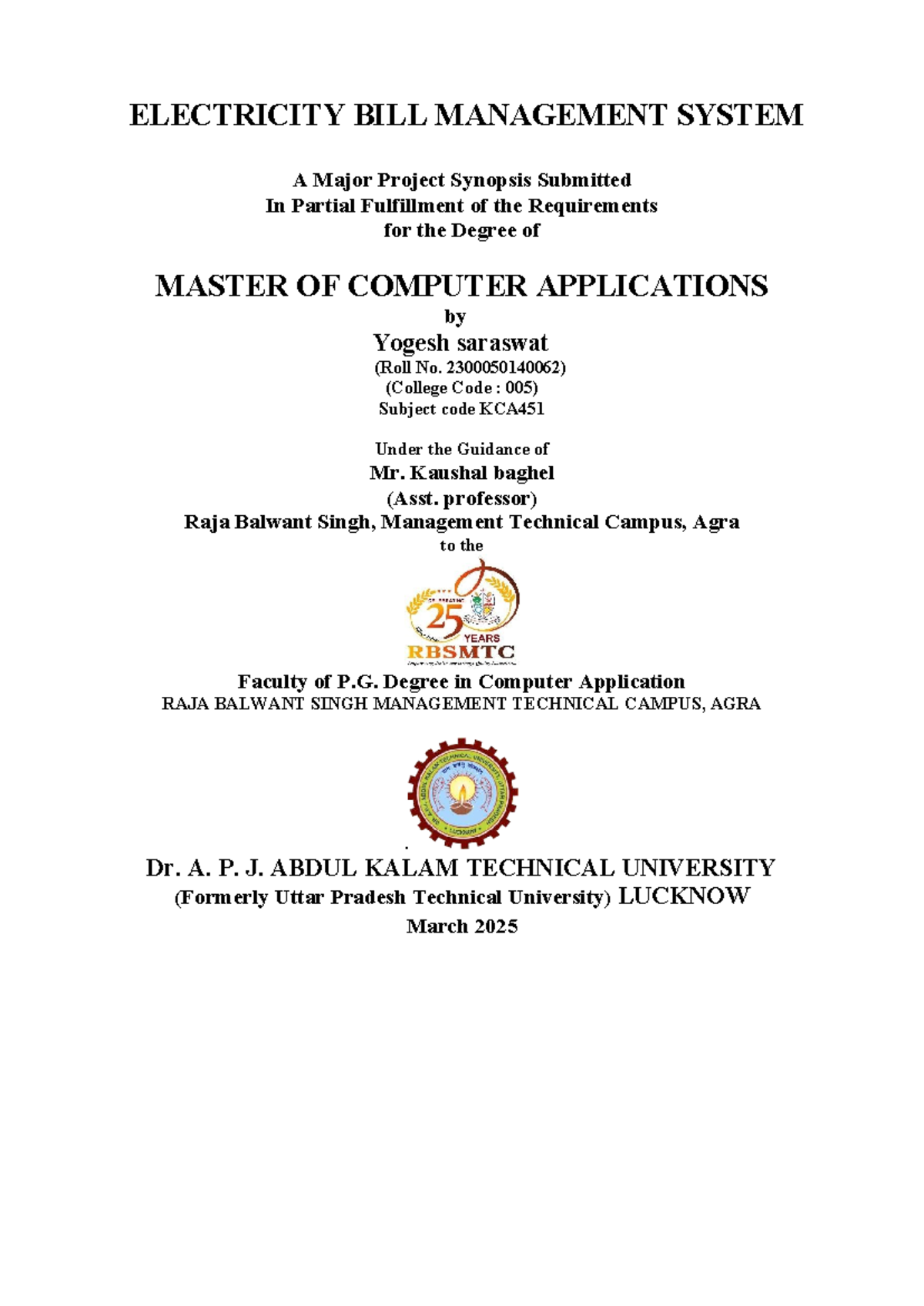 KCA451: Electricity Bill Management System Project Synopsis - Studocu