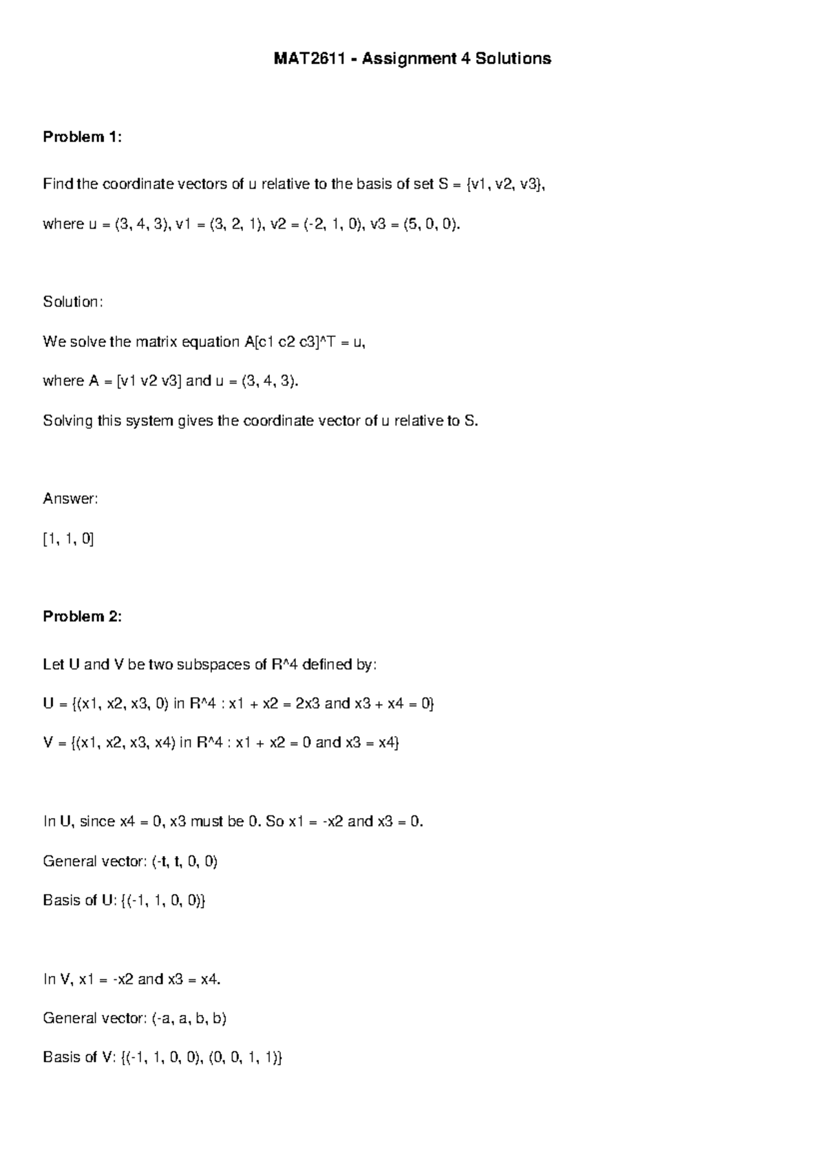 MAT2611 Assignment 4 Solutions: Coordinate Vectors and Subspaces ...