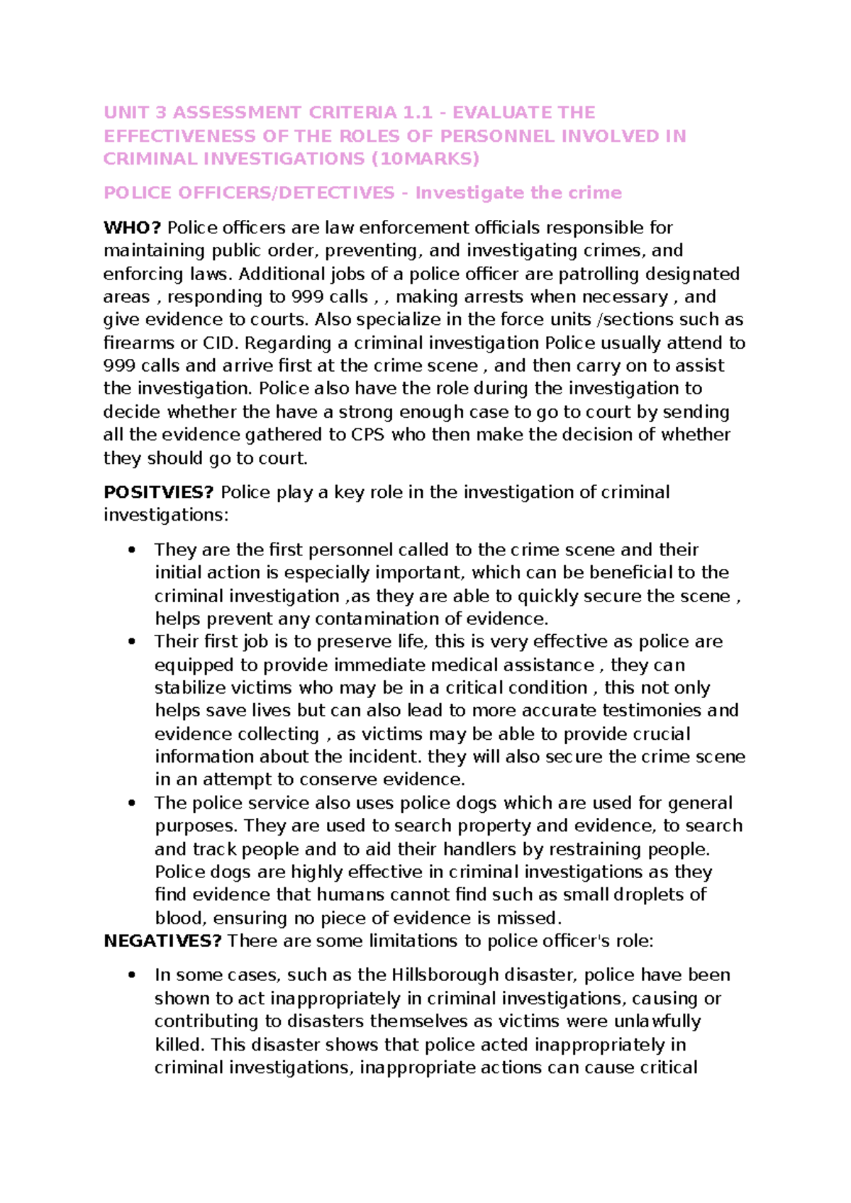 Unit 3 Criminal Investigation Assessment: Evaluating Personnel Roles ...