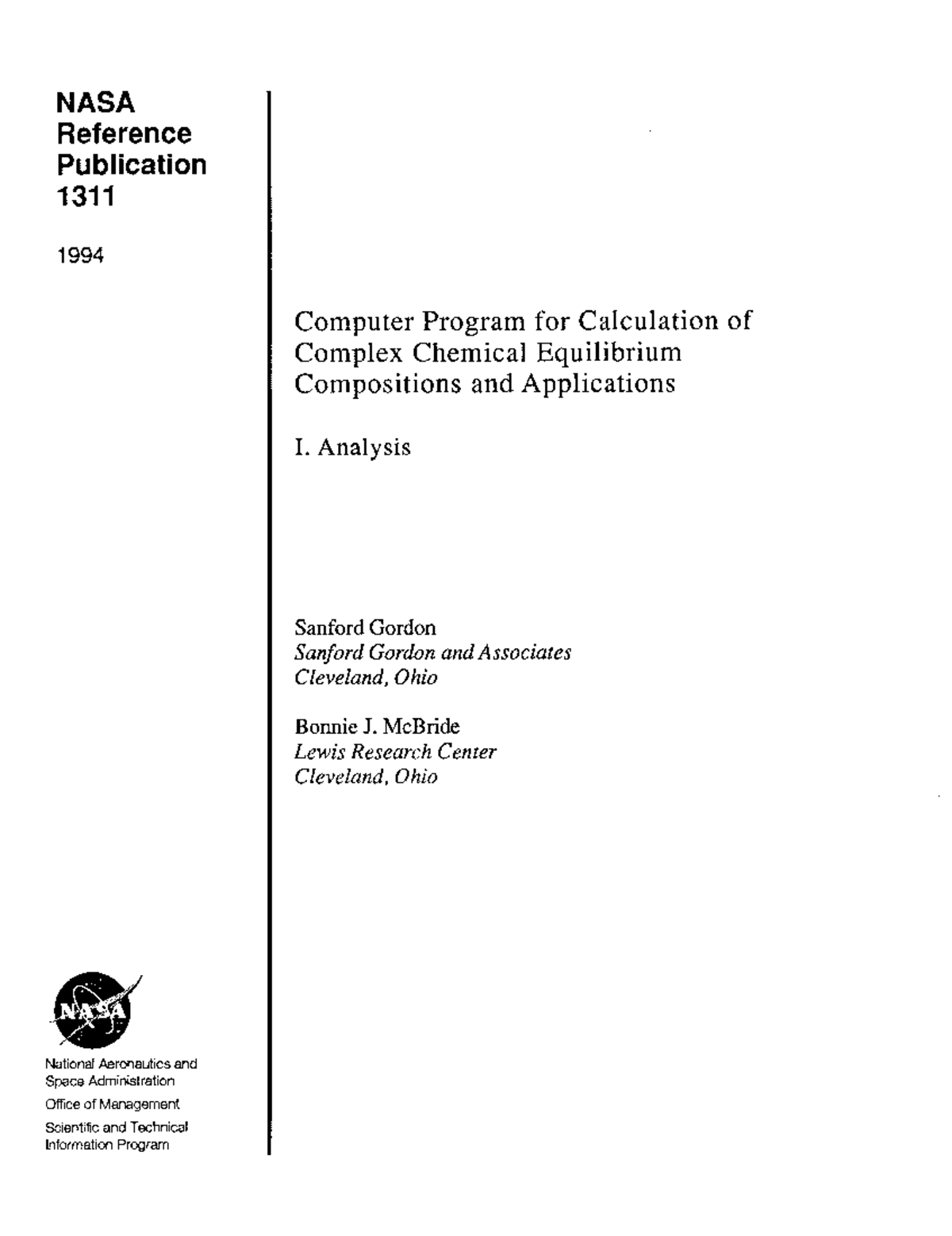 NASA Reference Publication 1311: CEA Program for Chemical Equilibrium ...