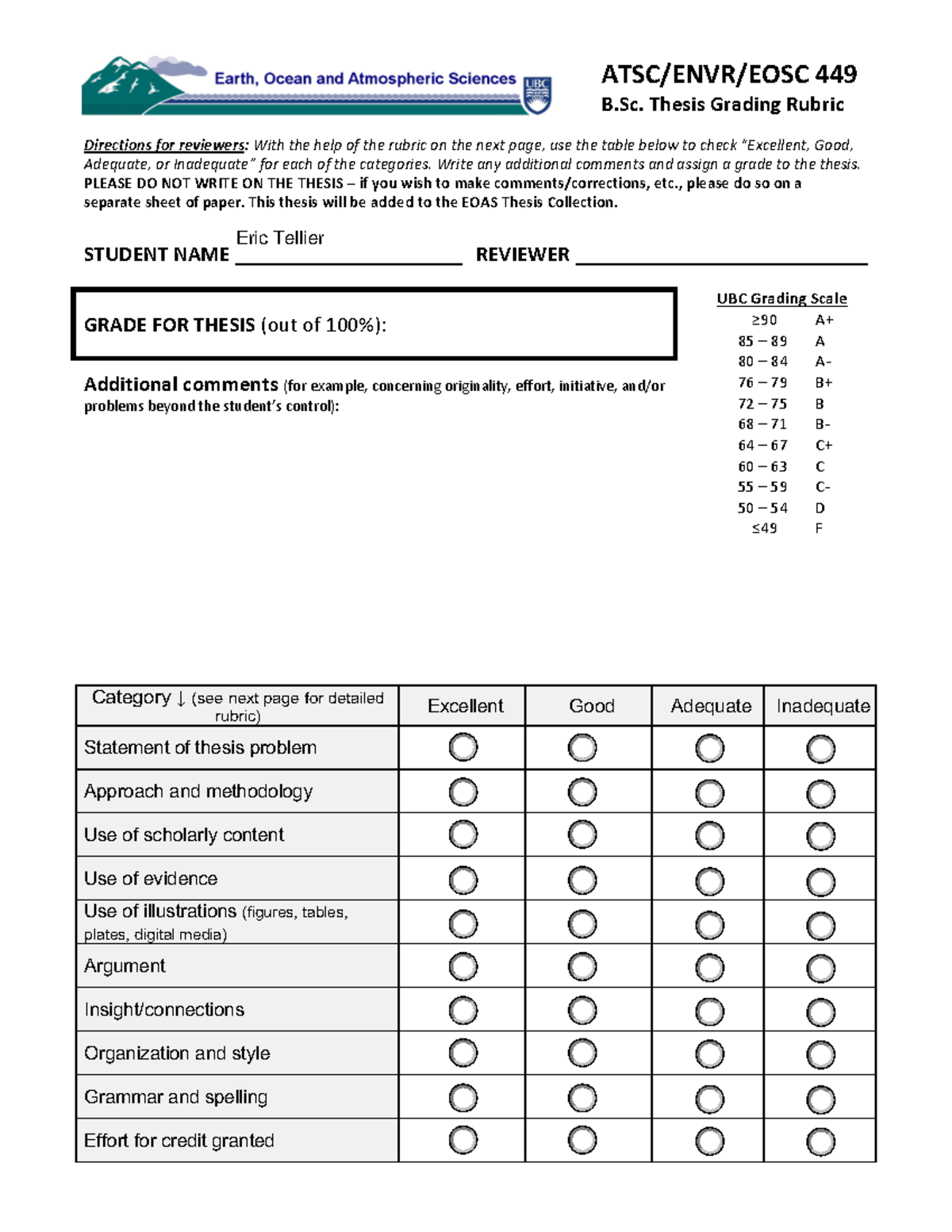 ATSC/ENVR/EOSC 449 Thesis Grading Rubric and Review Guidelines - Studocu
