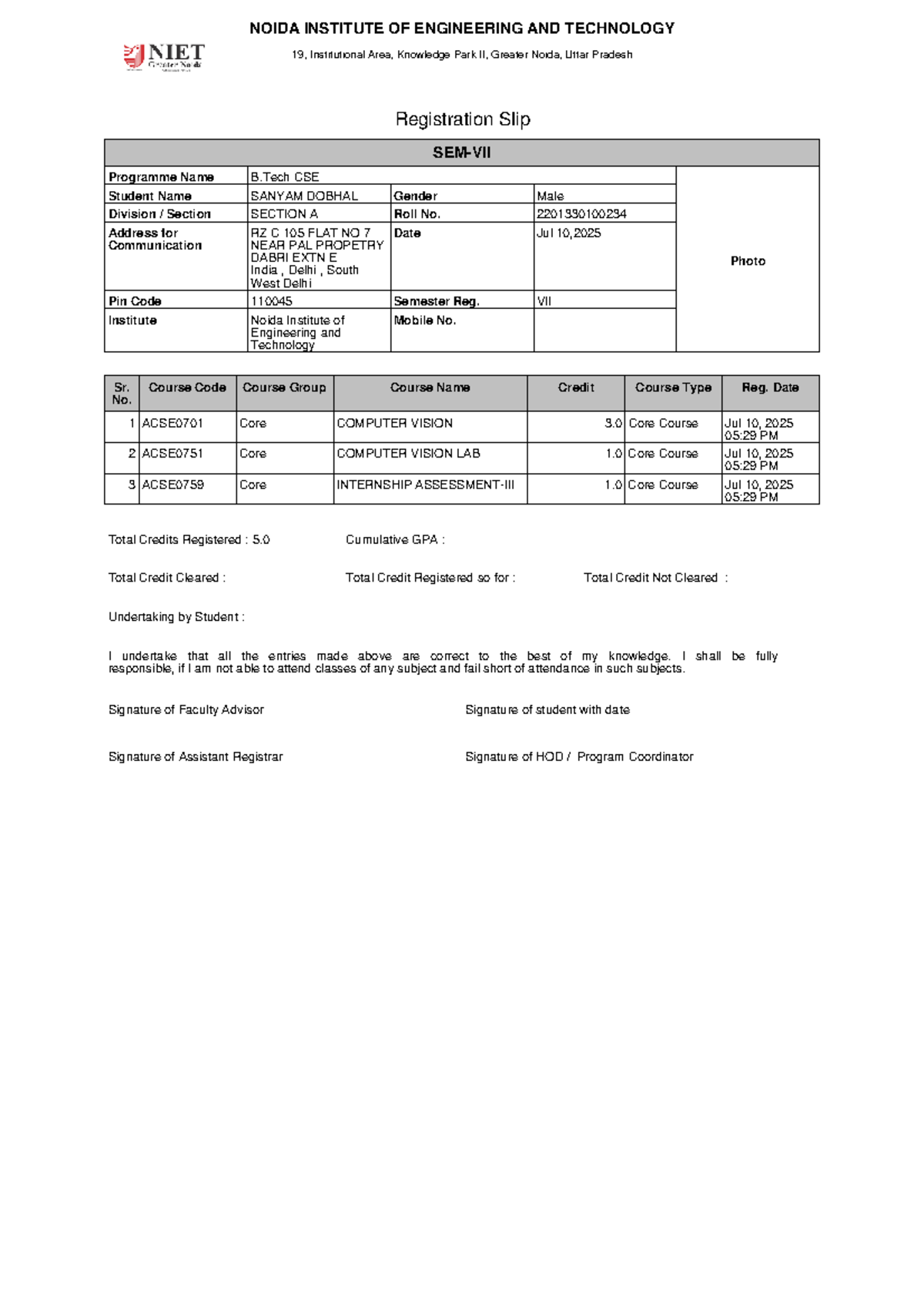 B.Tech CSE Course Registration Profile - July 2025 - Studocu