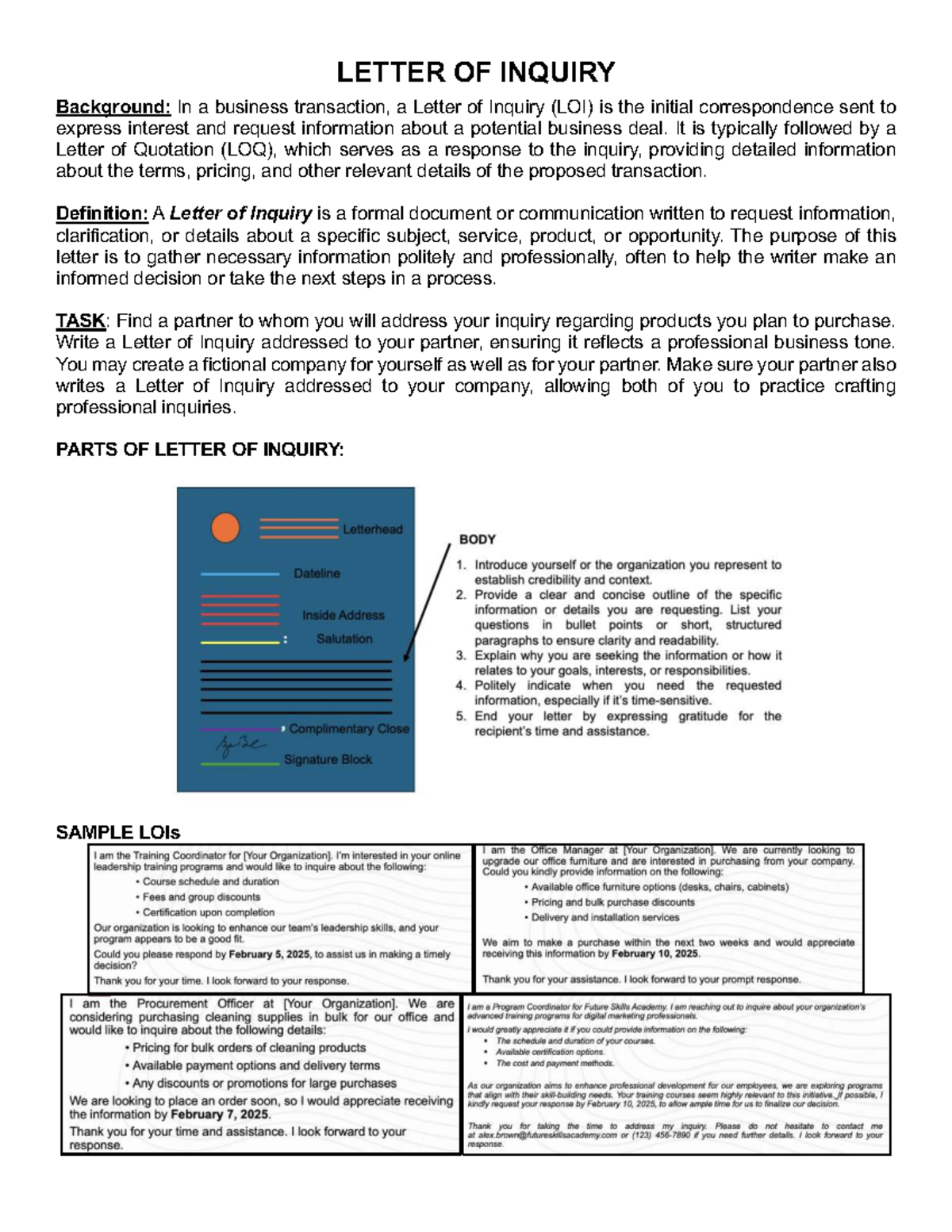RW Tasks: Letter of Inquiry (LOI) & Letter of Quotation (LOQ) Notes ...