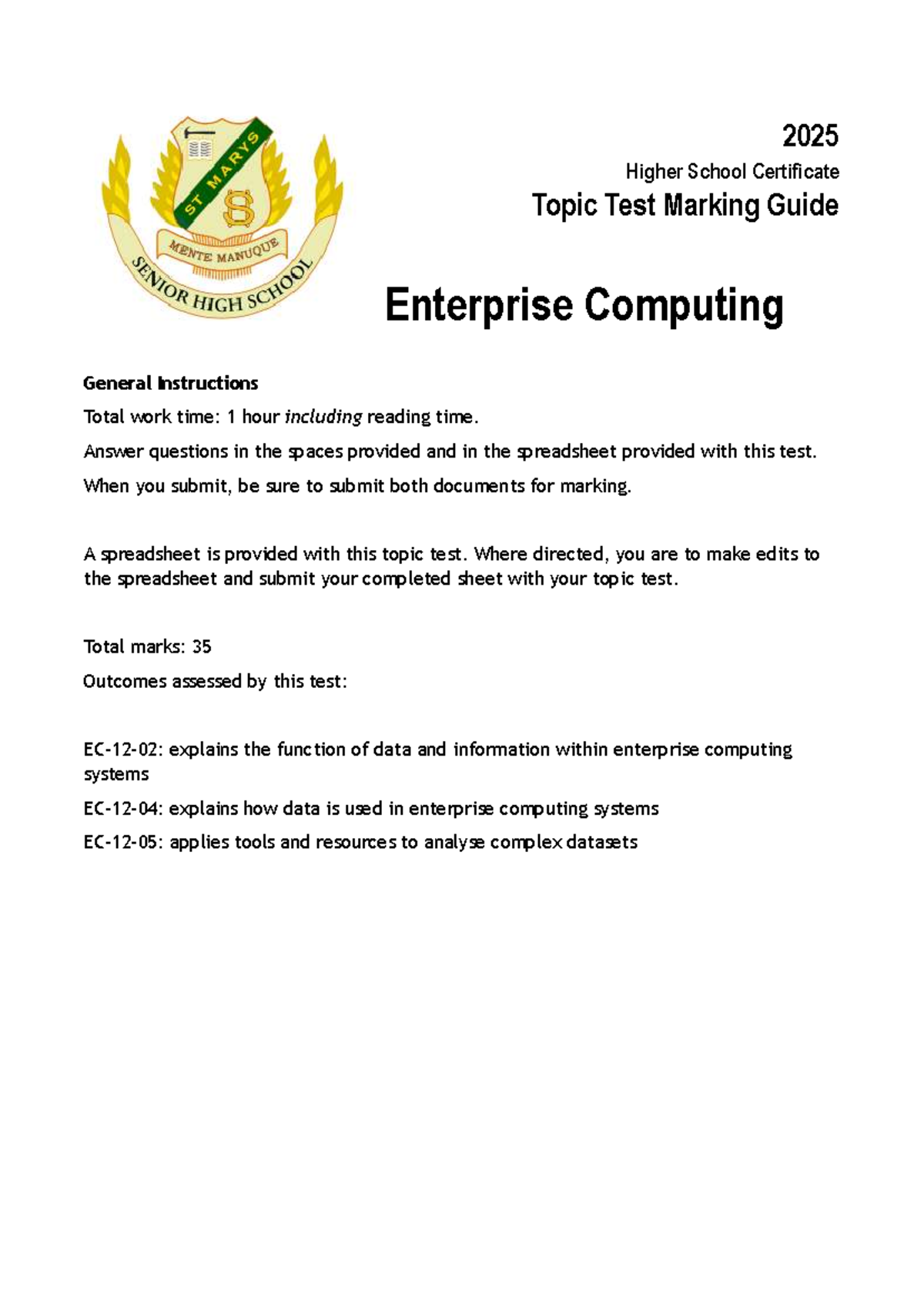 2025 Enterprise Computing Topic Test Marking Guide & Sample Answers ...