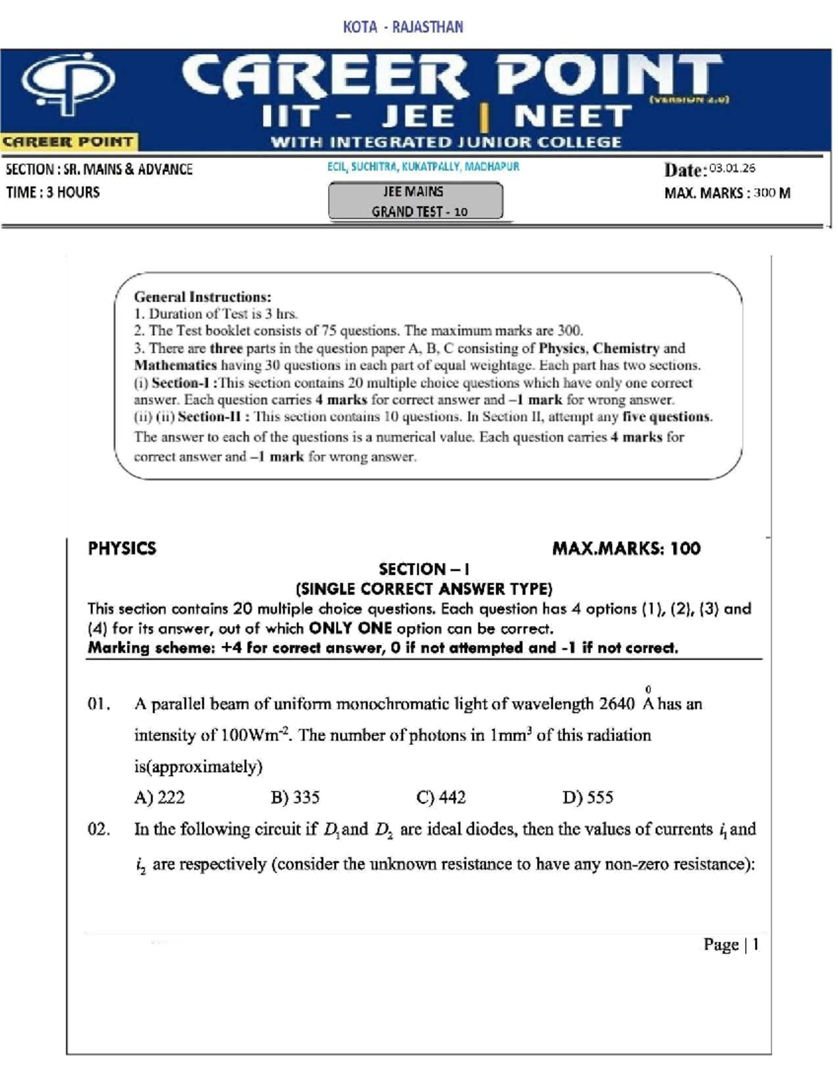 GT-10-03.01.26 - JEE Mains Grand Test 10 Question Paper - Studocu