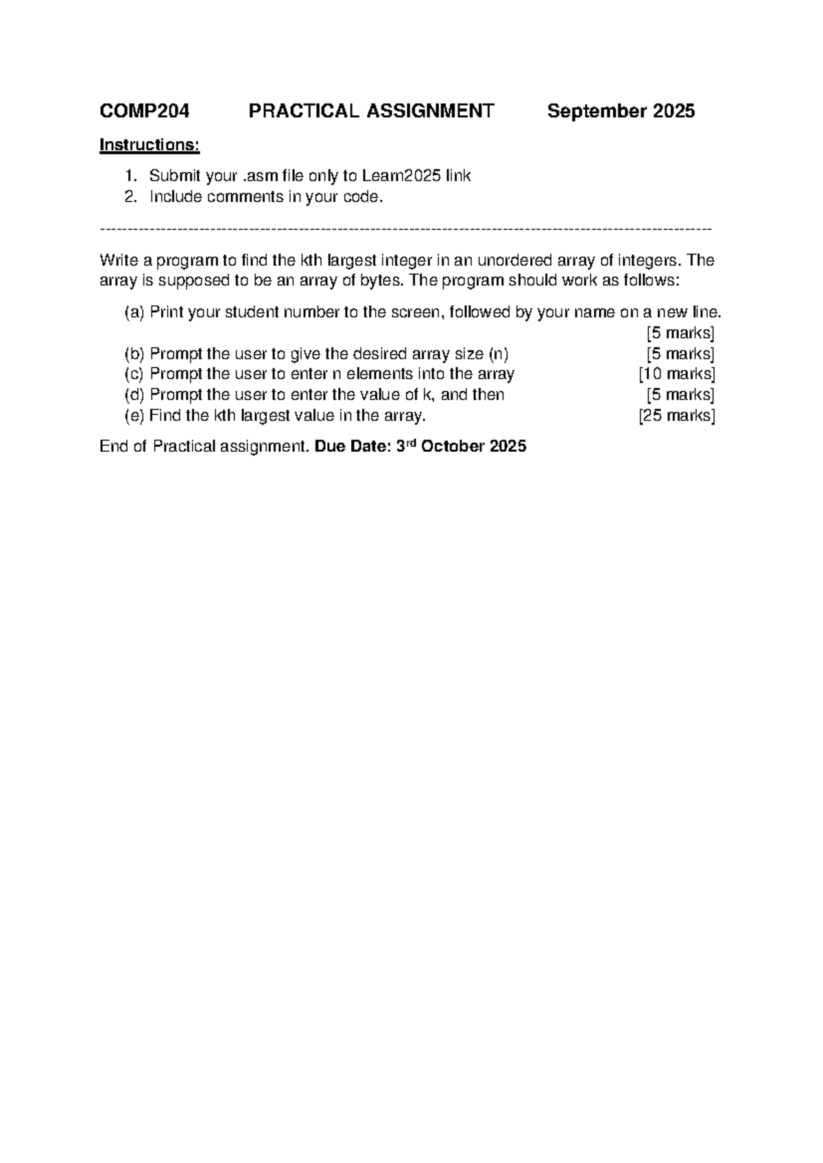 COMP204 PRACTICAL ASSIGNMENT: Finding the Kth Largest Integer - Studocu
