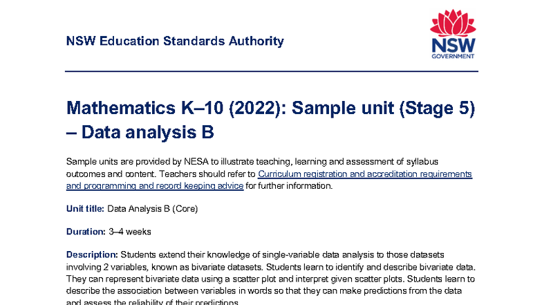 Mathematics K-10 2022: Sample Unit Stage 5 - Data Analysis B - Studocu
