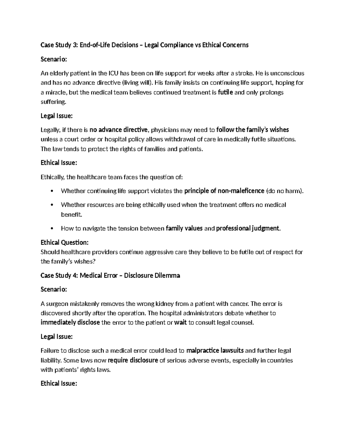 Case Study 3: Legal vs Ethical Dilemmas in ICU Decisions - Studocu