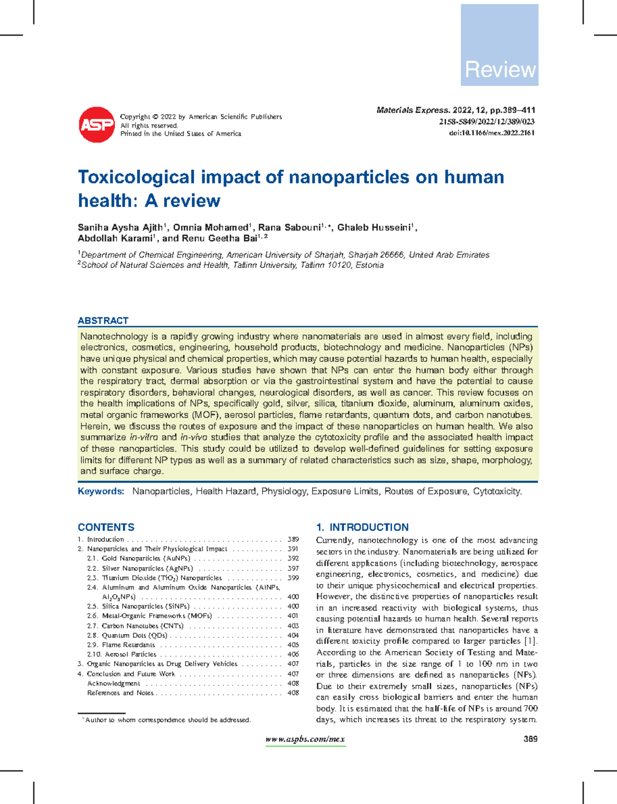 Toxicological Impact of Nanoparticles on Human Health: A Review (CHEM ...