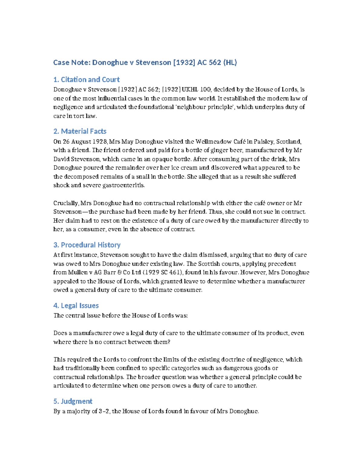 Case Note: Donoghue v Stevenson AC 562 (HL) - Duty of Care Analysis ...